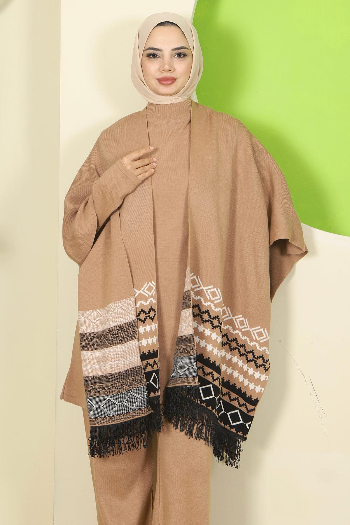 Kilim Desen Pançolu Üçlü Triko Takım Camel HM2816