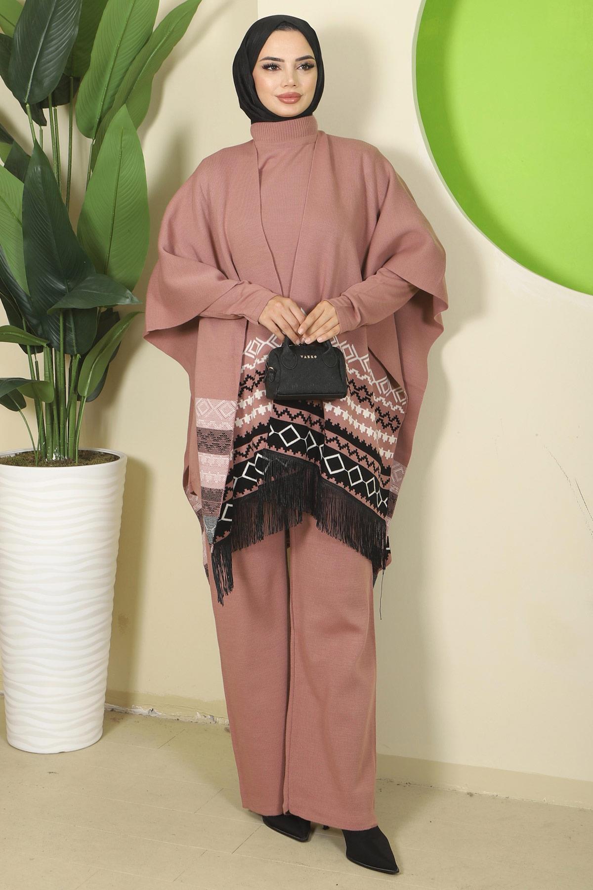 Kilim Desen Pançolu Üçlü Triko Takım Gül Kurusu HM2816