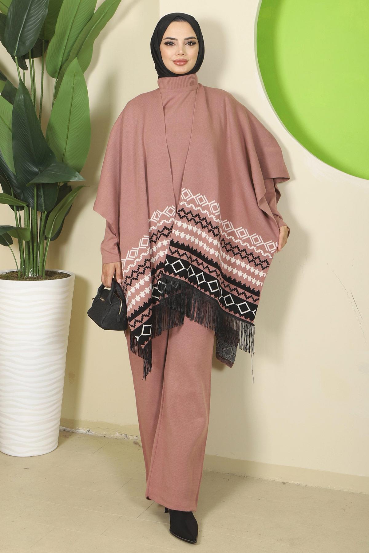 Kilim Desen Pançolu Üçlü Triko Takım Gül Kurusu HM2816