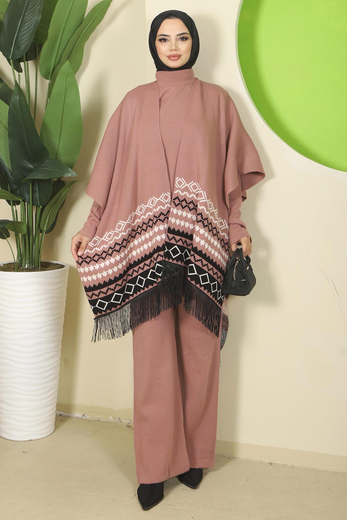 Kilim Desen Pançolu Üçlü Triko Takım Gül Kurusu HM2816