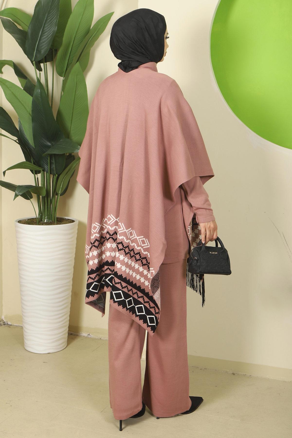 Kilim Desen Pançolu Üçlü Triko Takım Gül Kurusu HM2816