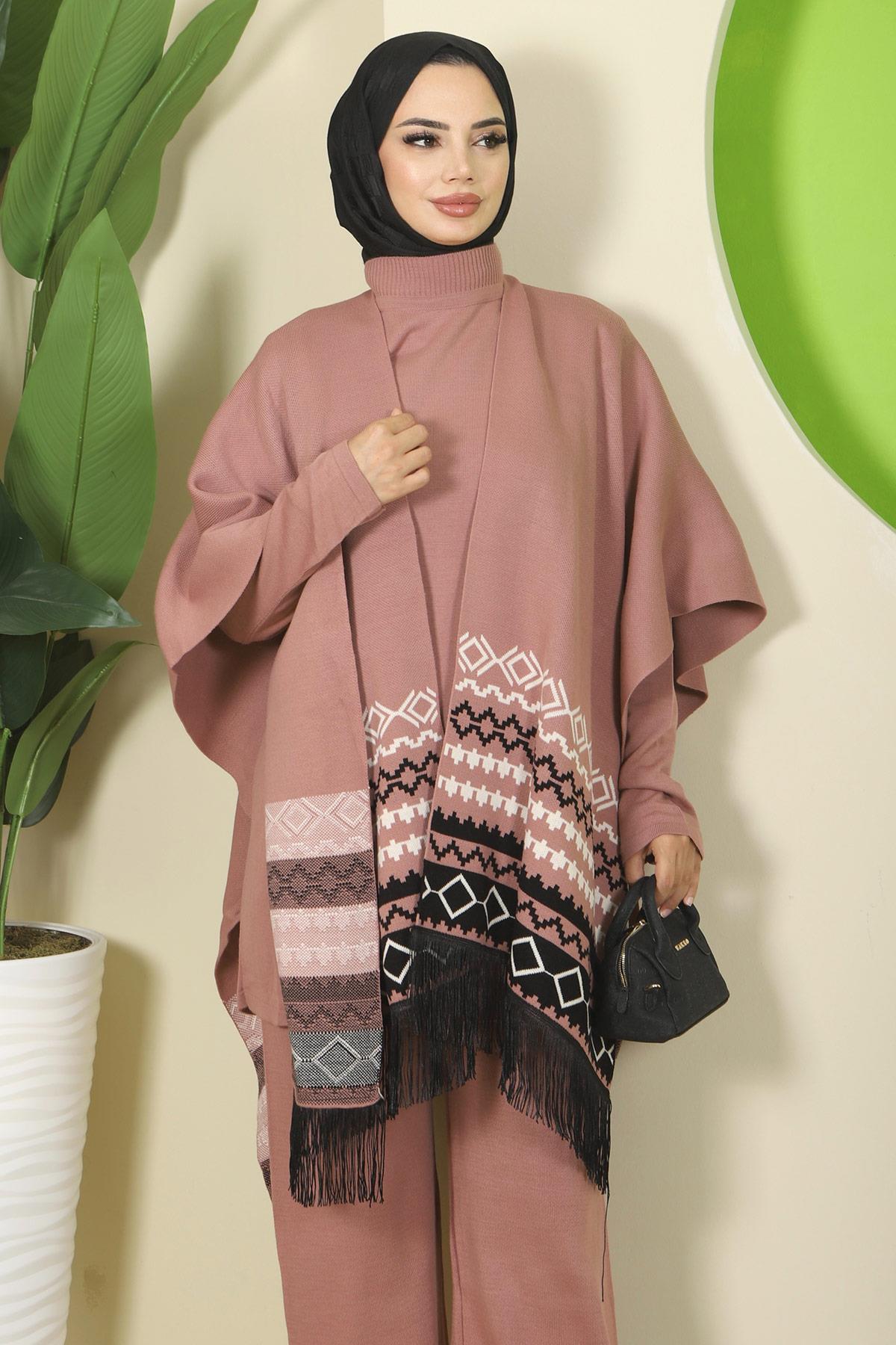 Kilim Desen Pançolu Üçlü Triko Takım Gül Kurusu HM2816