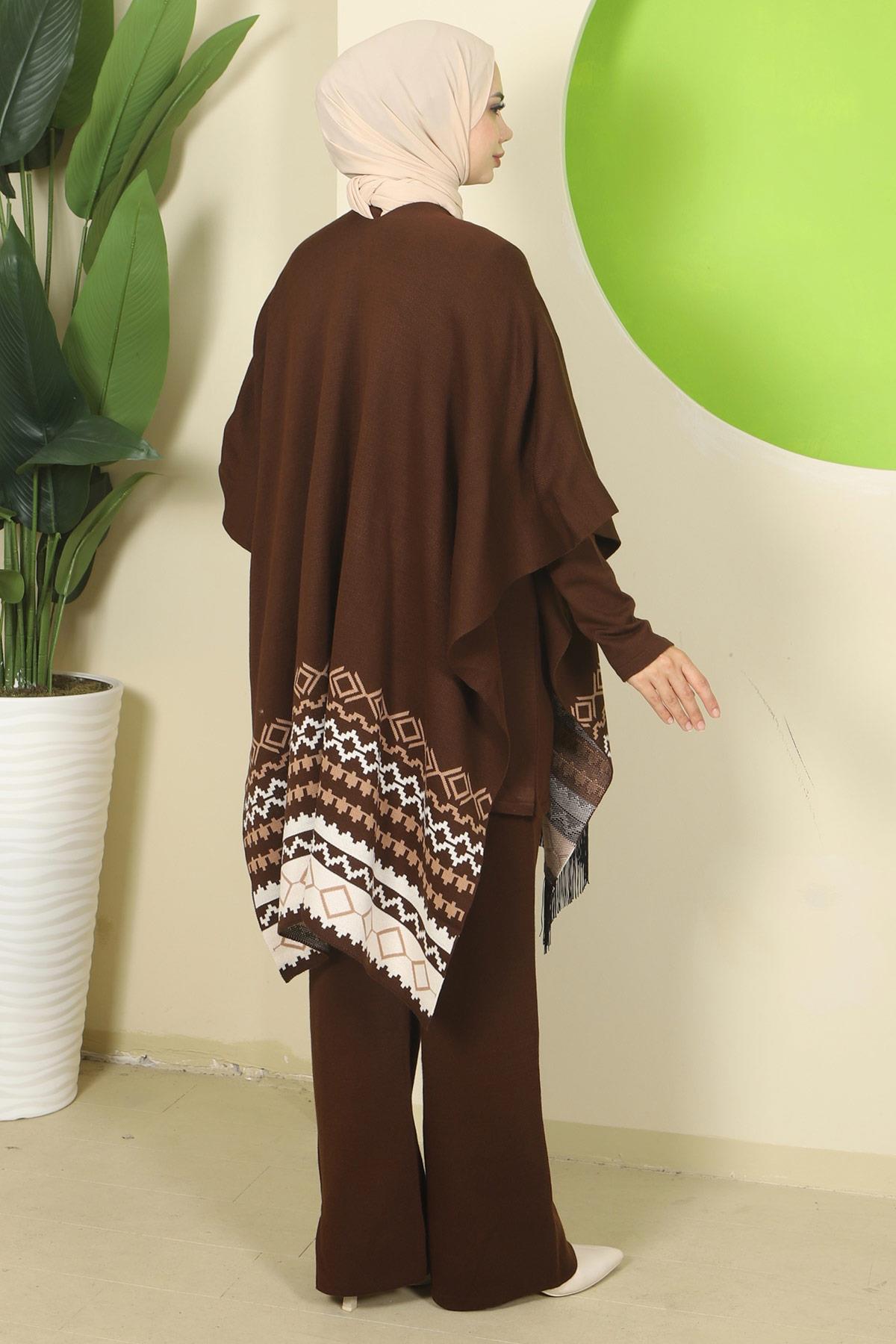 Kilim Desen Pançolu Üçlü Triko Takım Kahverengi HM2816