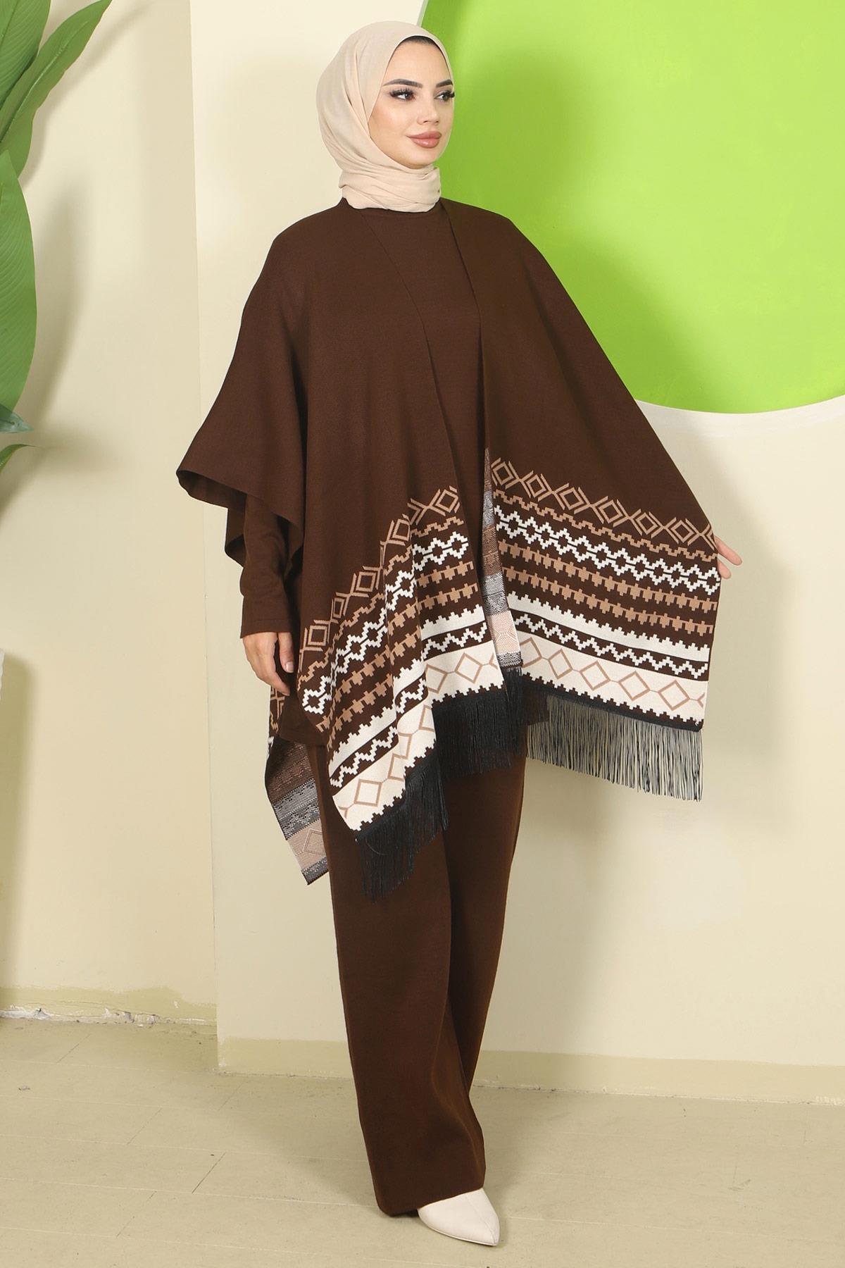 Kilim Desen Pançolu Üçlü Triko Takım Kahverengi HM2816