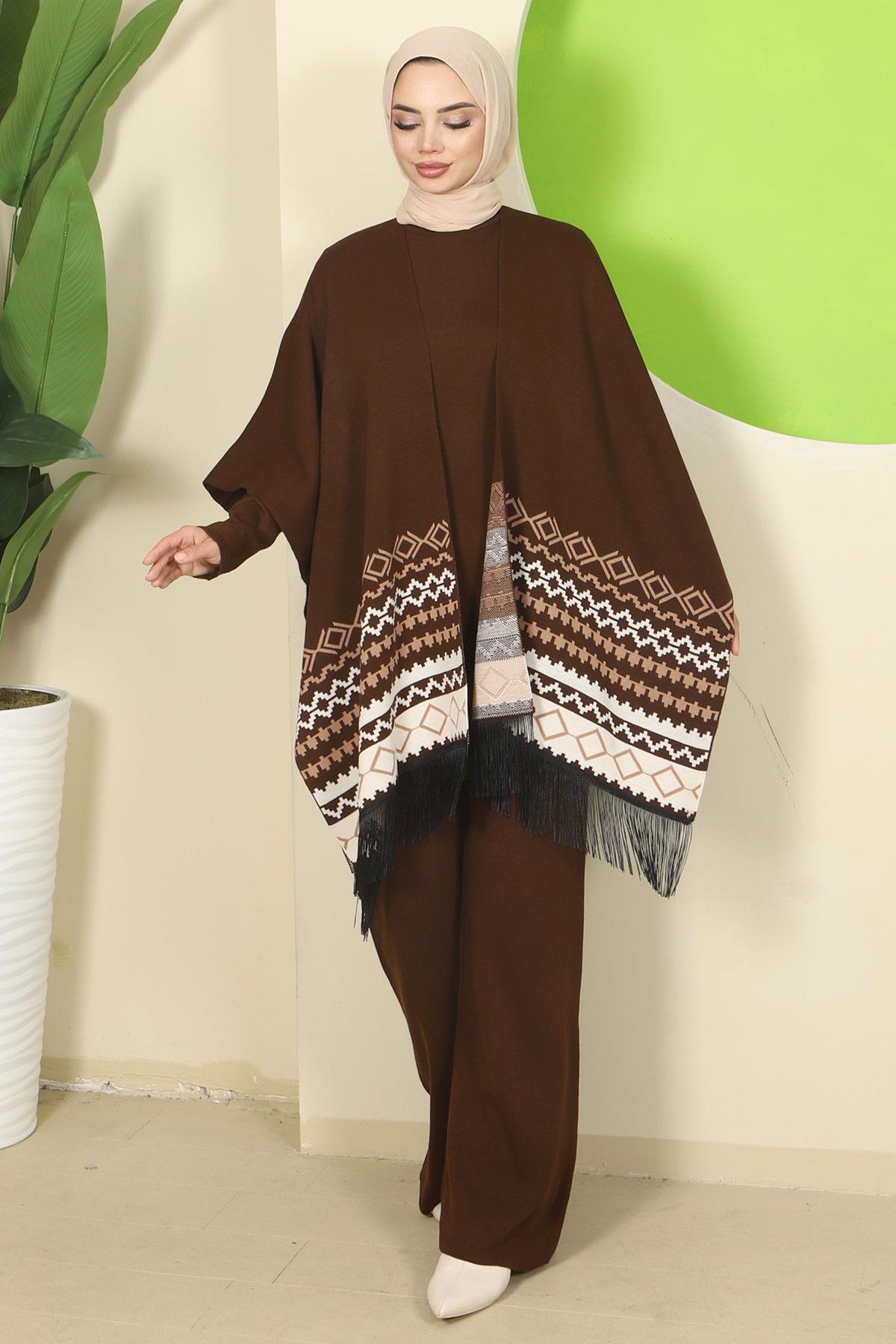 Kilim Desen Pançolu Üçlü Triko Takım Kahverengi HM2816