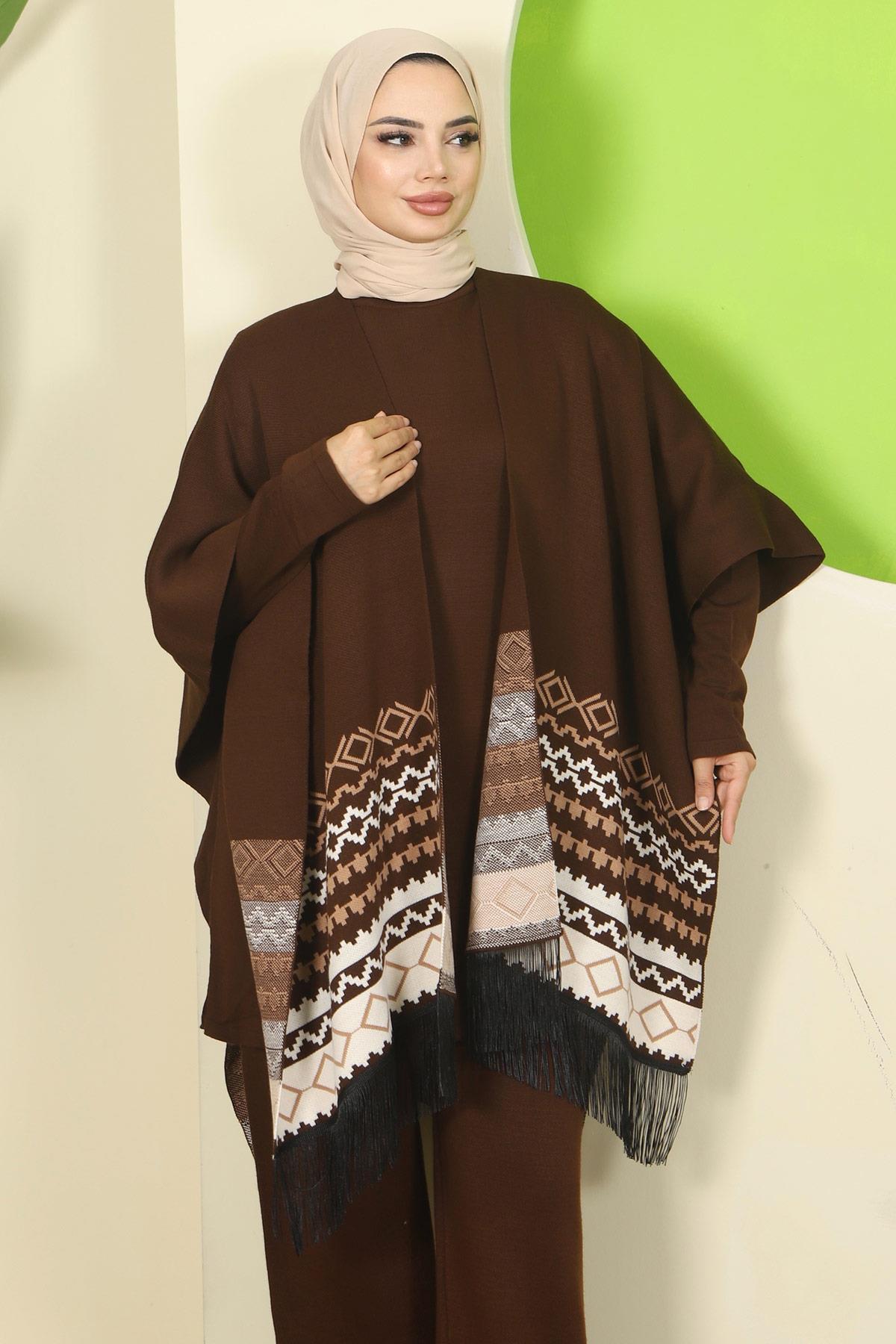 Kilim Desen Pançolu Üçlü Triko Takım Kahverengi HM2816