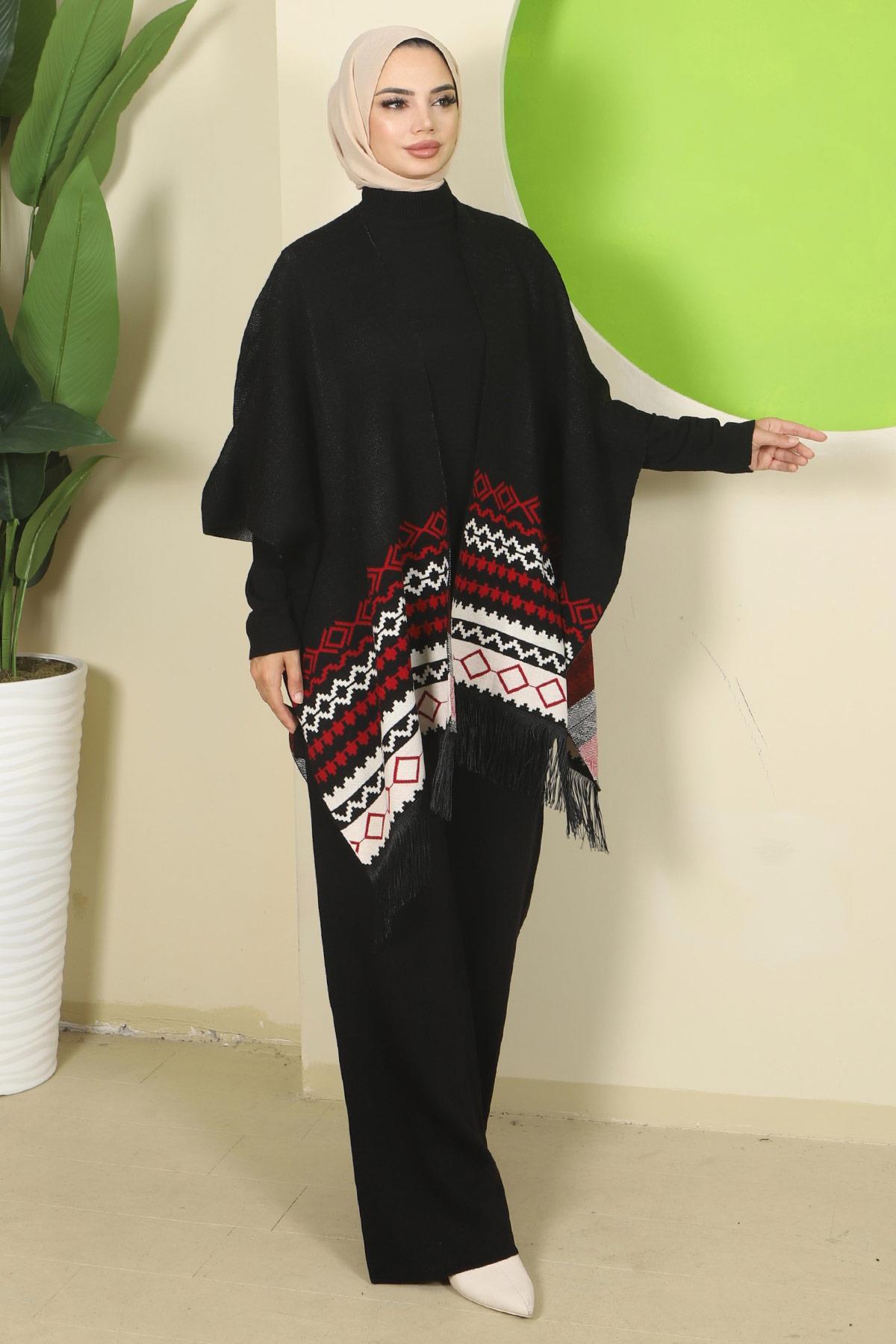 Kilim Desen Pançolu Üçlü Triko Takım Siyah HM2816
