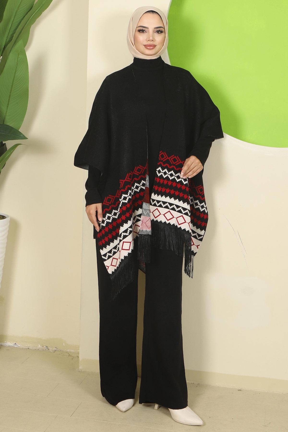 Kilim Desen Pançolu Üçlü Triko Takım Siyah HM2816