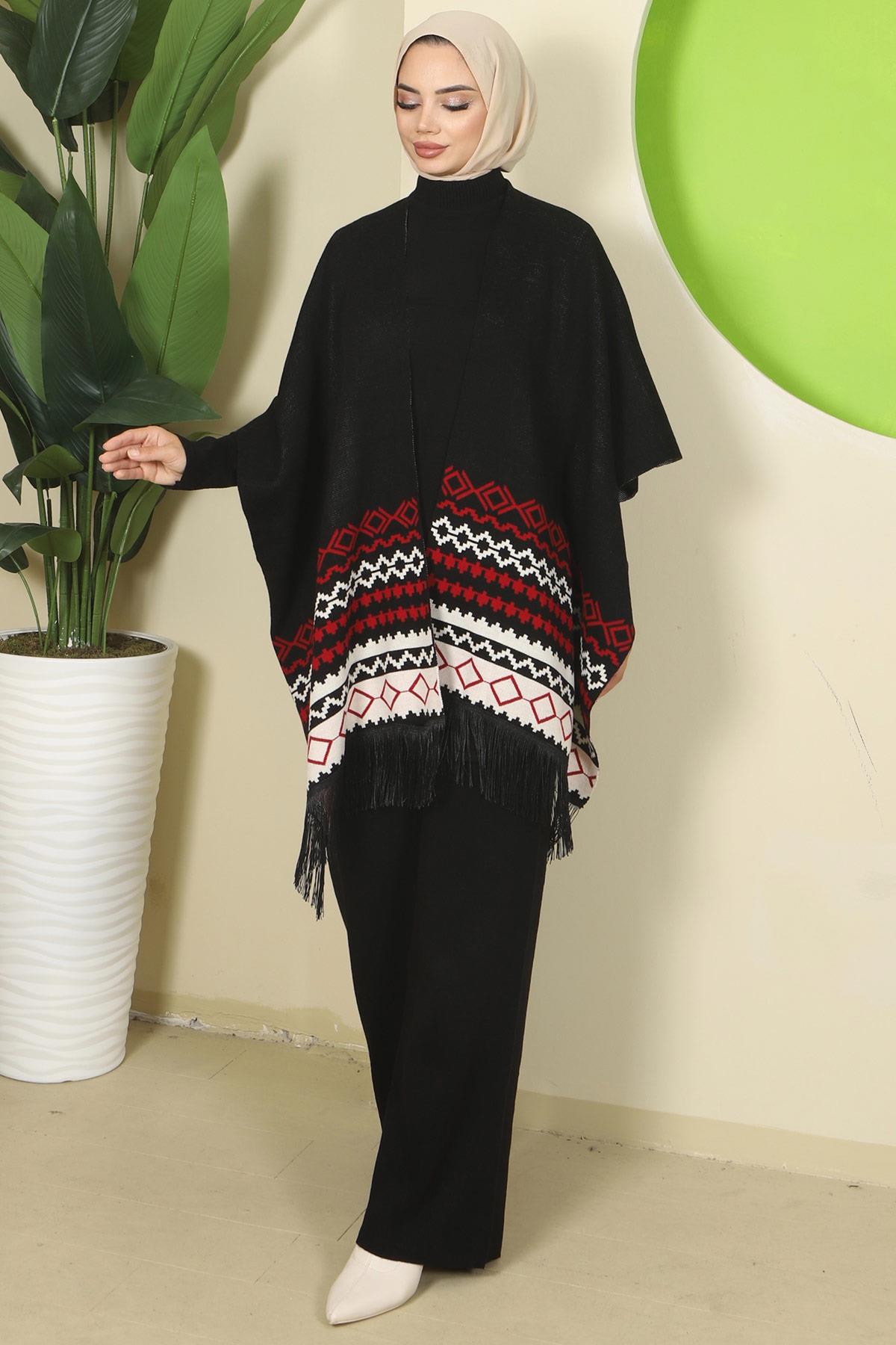 Kilim Desen Pançolu Üçlü Triko Takım Siyah HM2816