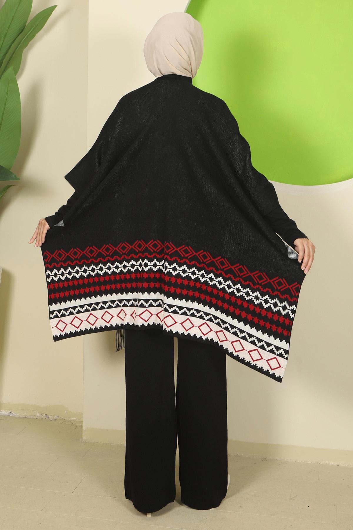 Kilim Desen Pançolu Üçlü Triko Takım Siyah HM2816