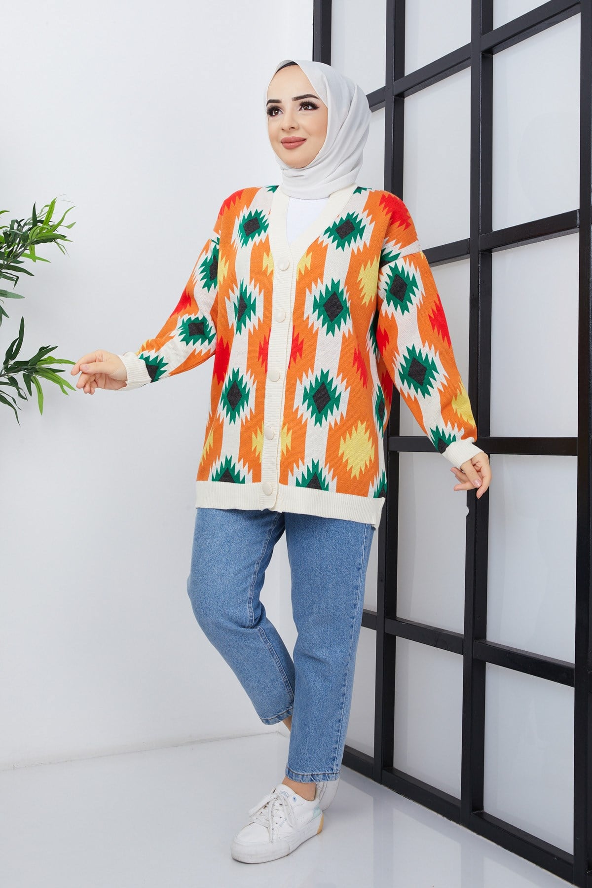 Kilim Desenli Düğmeli Tesettür Triko Hırka Turuncu