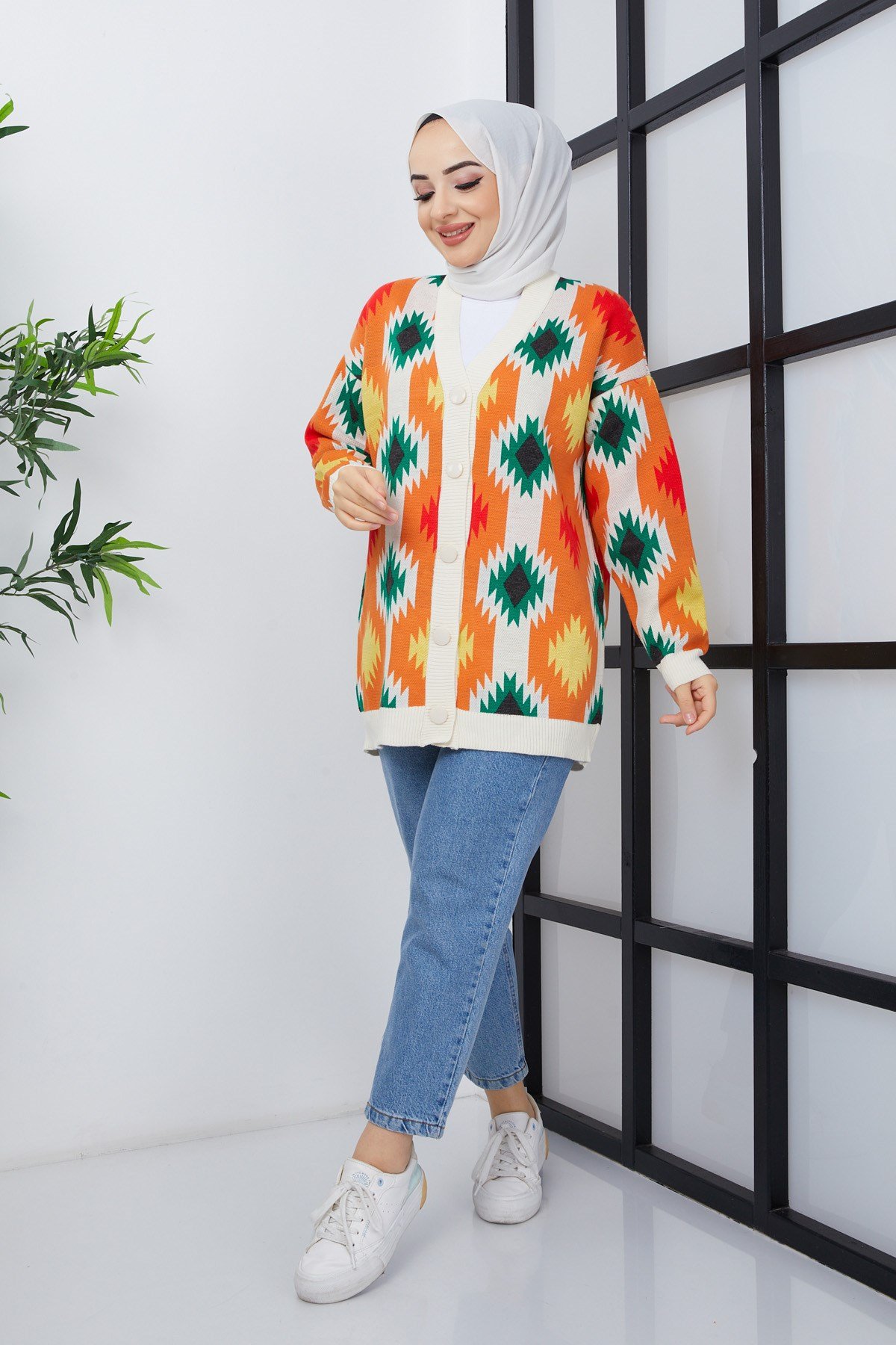 Kilim Desenli Düğmeli Tesettür Triko Hırka Turuncu