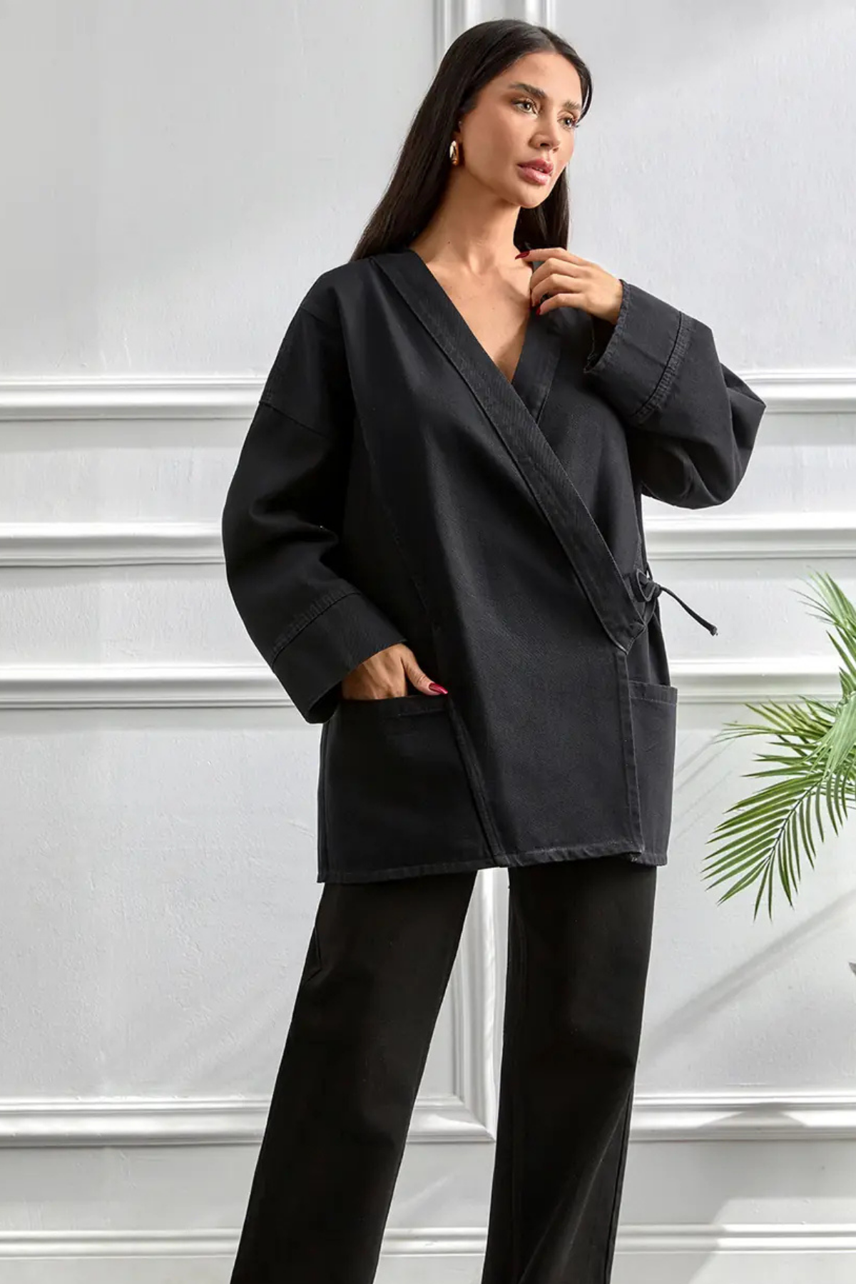 Kimono Kesim Ceket | Bağlamalı Cepli Oversize Model