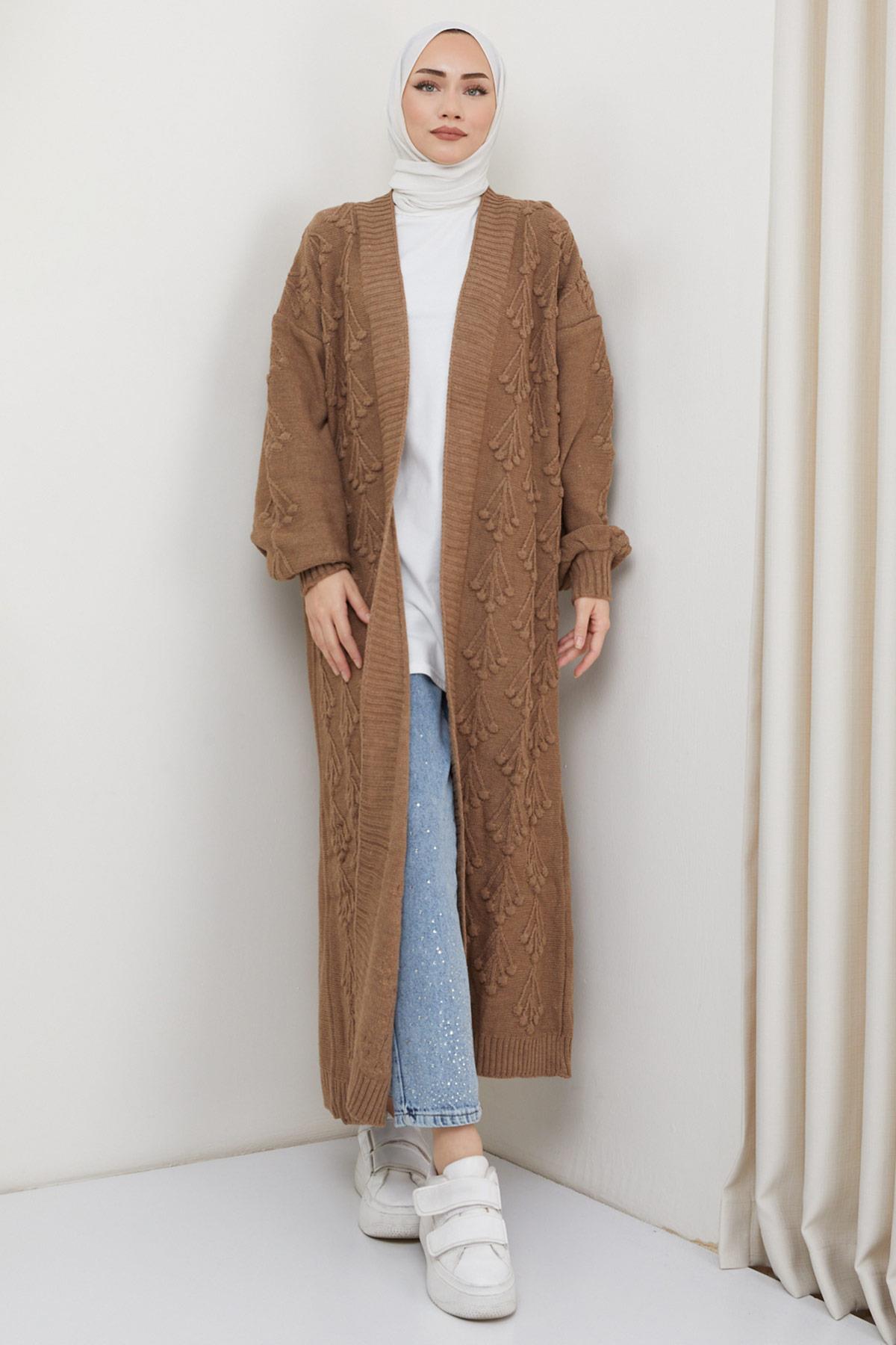 Kiraz Desenli Uzun Triko Hırka Camel HM2334