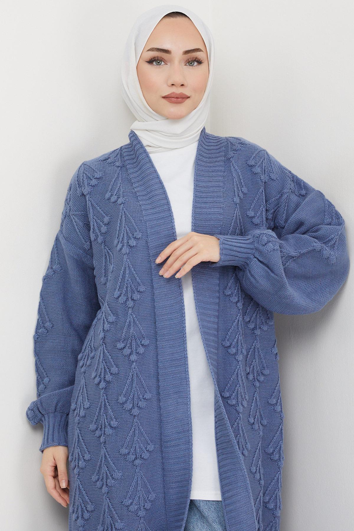 Kiraz Desenli Uzun Triko Hırka İndigo HM2334