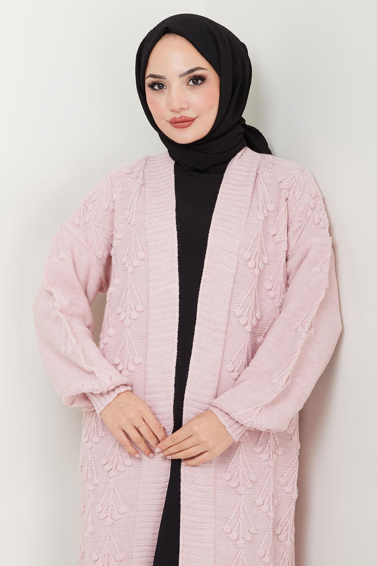 Kiraz Desenli Uzun Triko Hırka Pembe HM2334