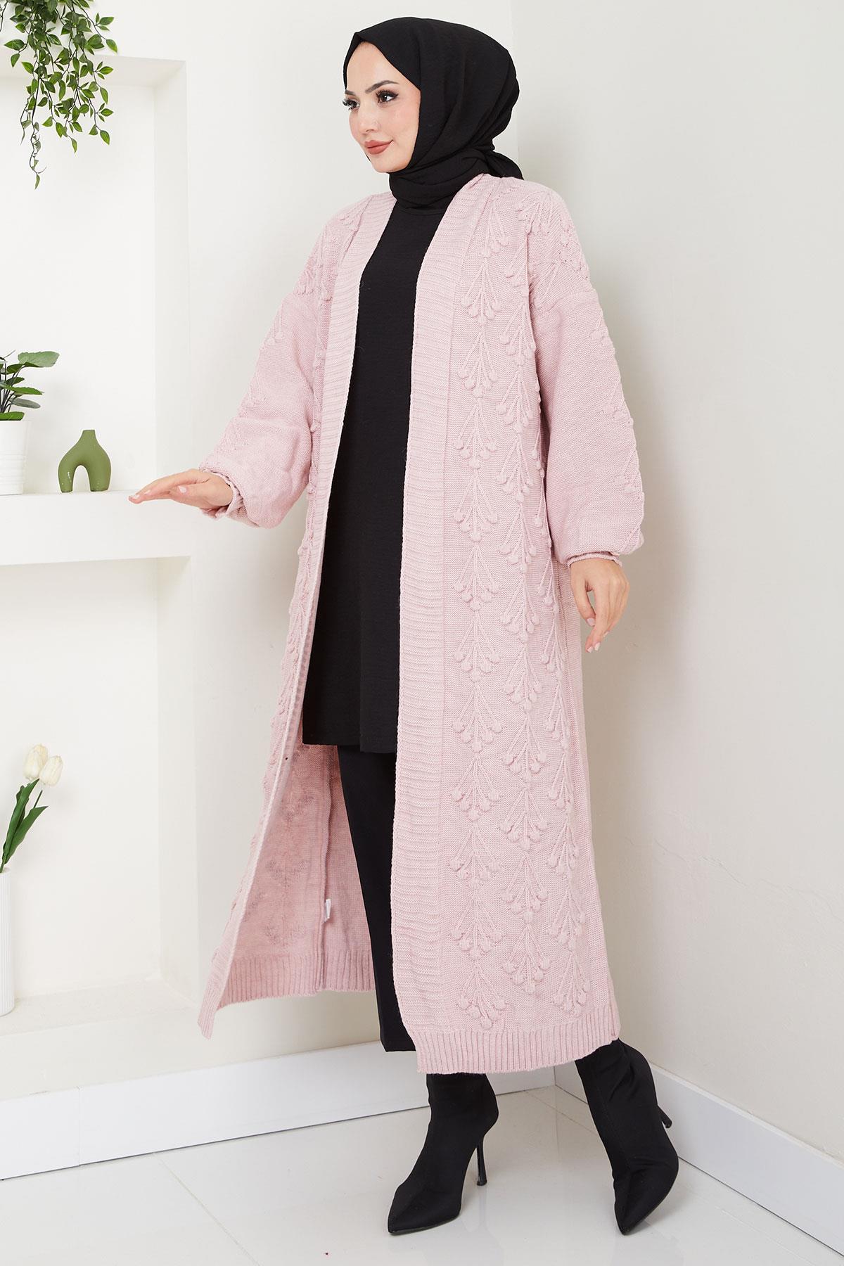 Kiraz Desenli Uzun Triko Hırka Pembe HM2334
