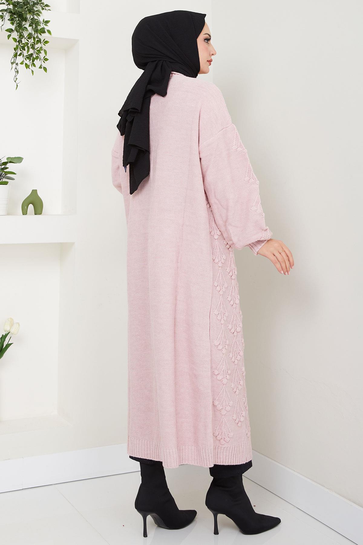 Kiraz Desenli Uzun Triko Hırka Pembe HM2334