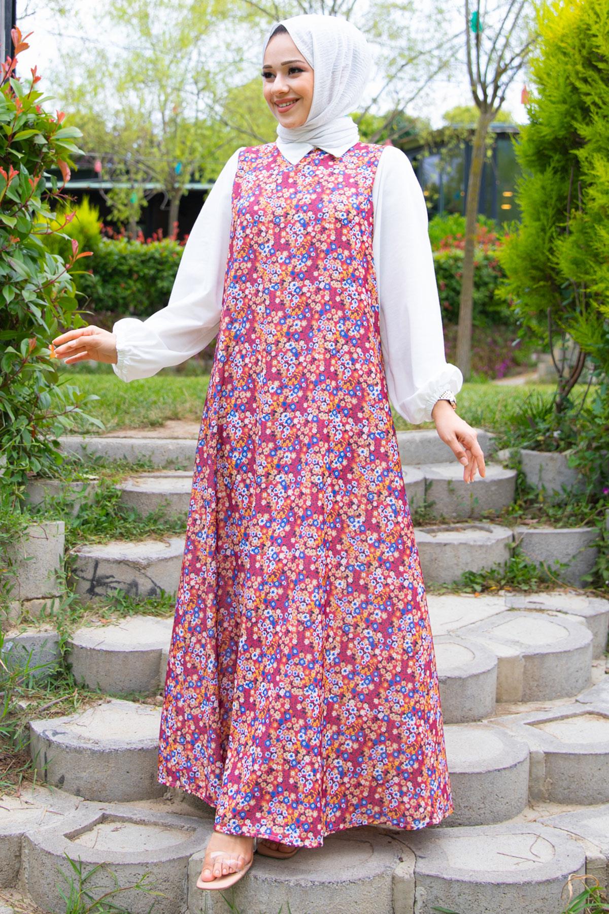 Kol Garnili Çiçek Desenli Elbise Bordo HM2207