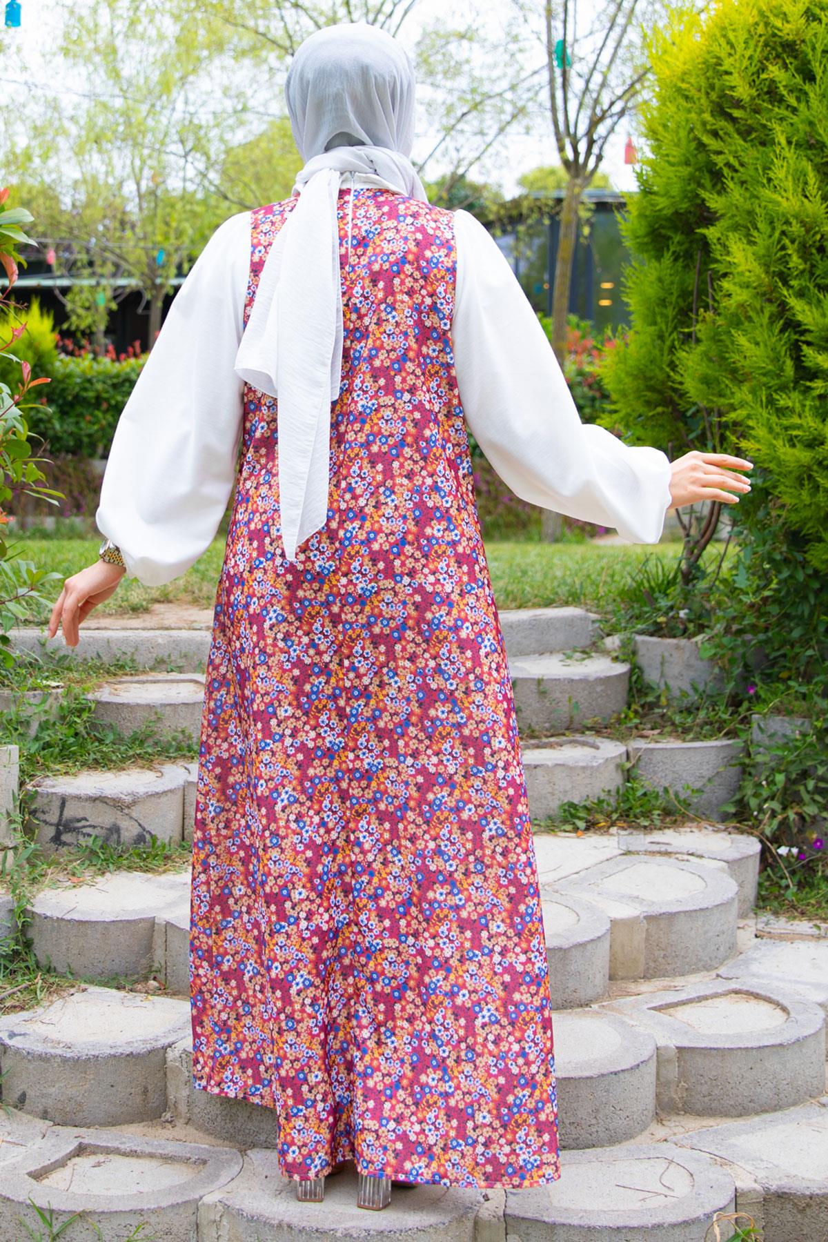 Kol Garnili Çiçek Desenli Elbise Bordo HM2207