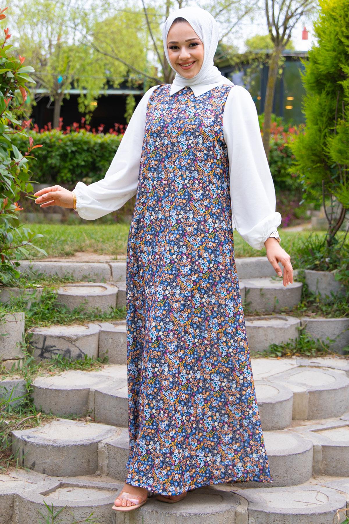 Kol Garnili Çiçek Desenli Elbise Siyah HM2207