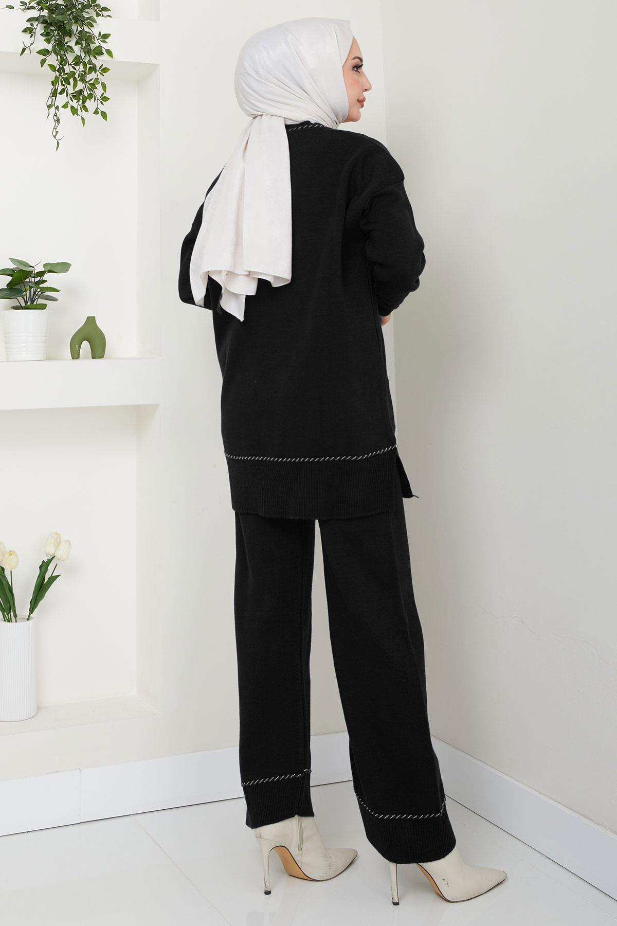 Kol ve Yaka Desen Detaylı Triko Takım Siyah HM2567