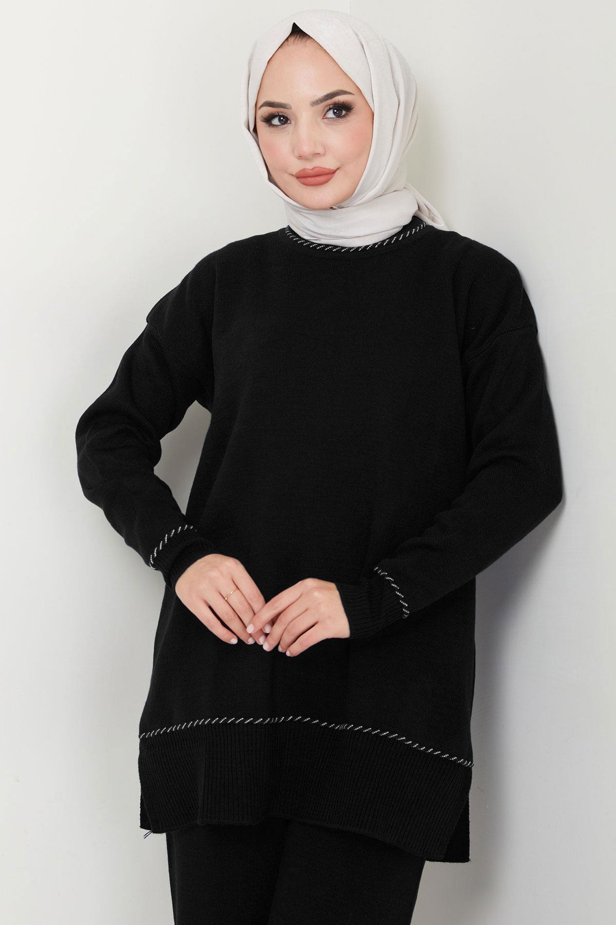 Kol ve Yaka Desen Detaylı Triko Takım Siyah HM2567