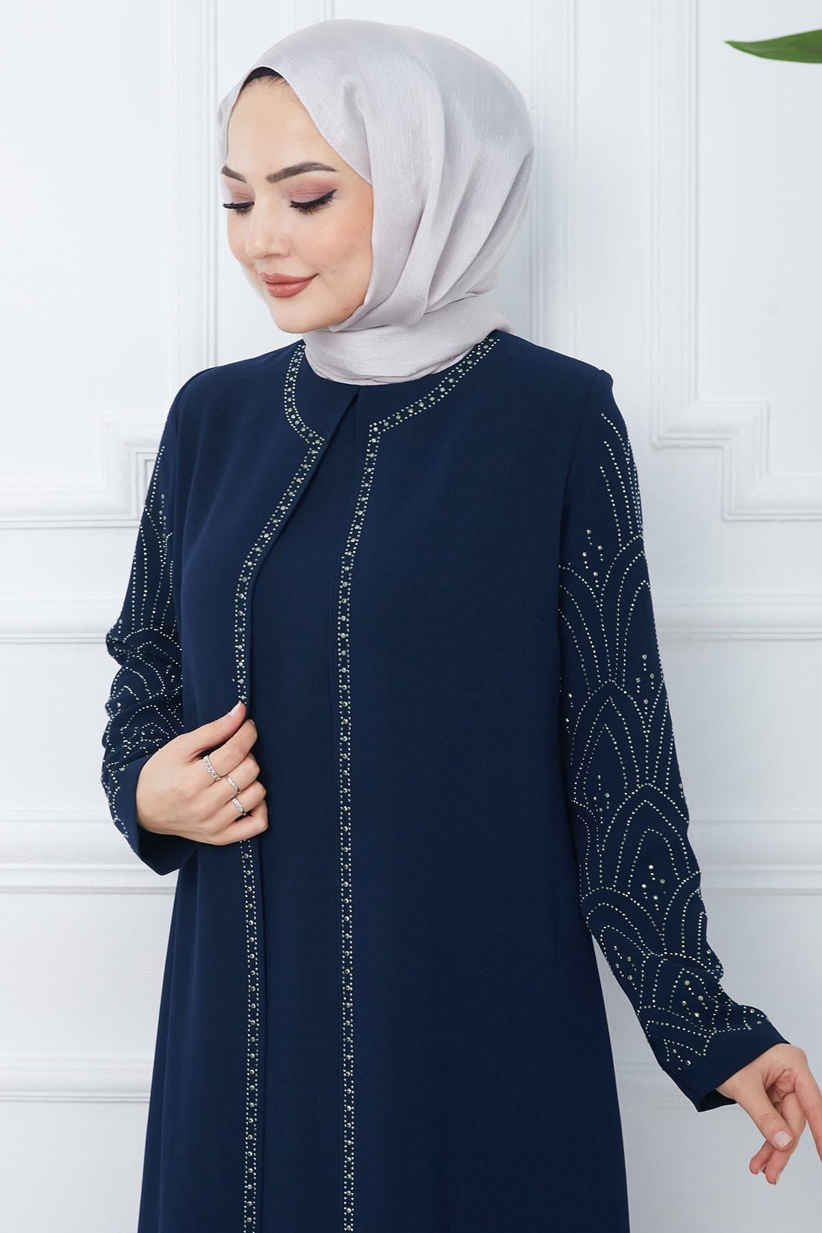 Kolları Taşlı Büyük Beden Anne Elbisesi İndigo HM2349