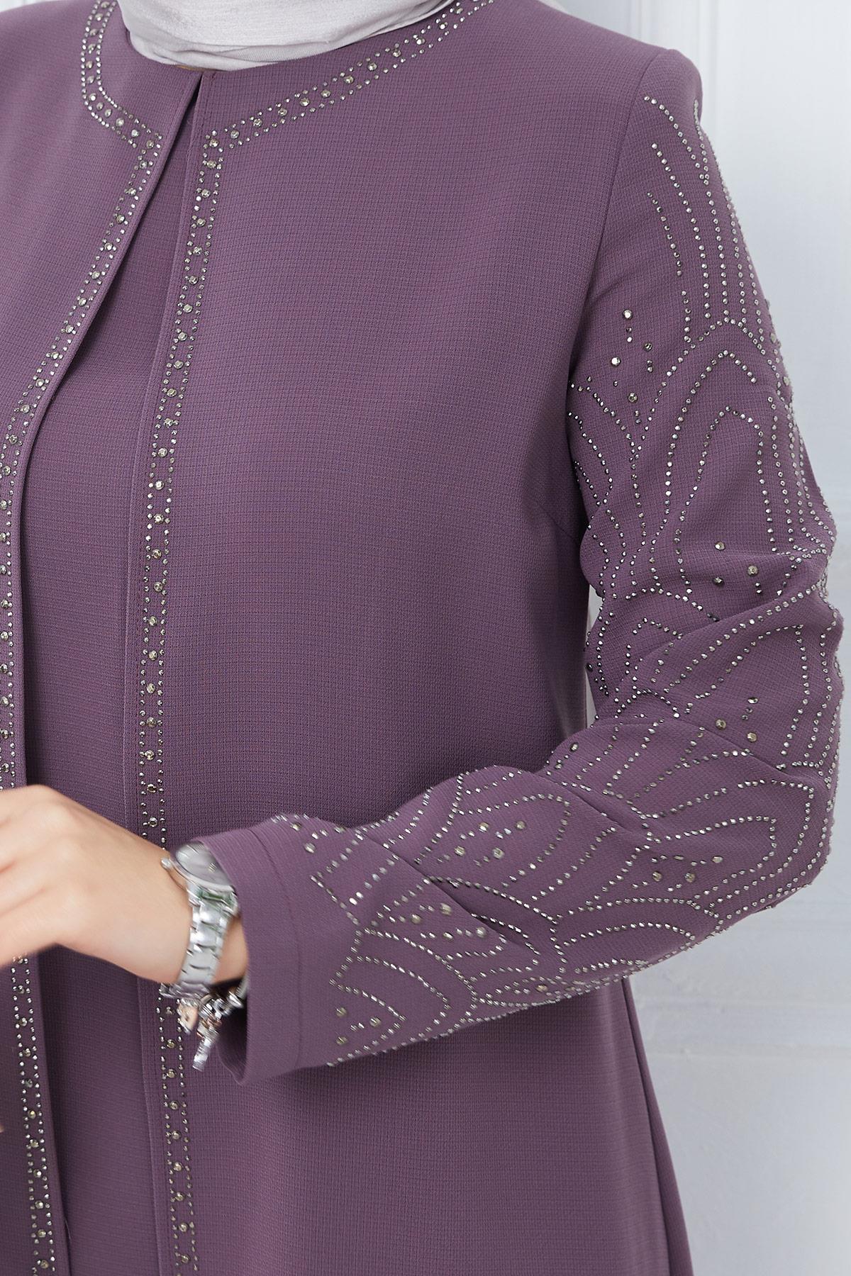 Kolları Taşlı Büyük Beden Anne Elbisesi Mürdüm HM2349