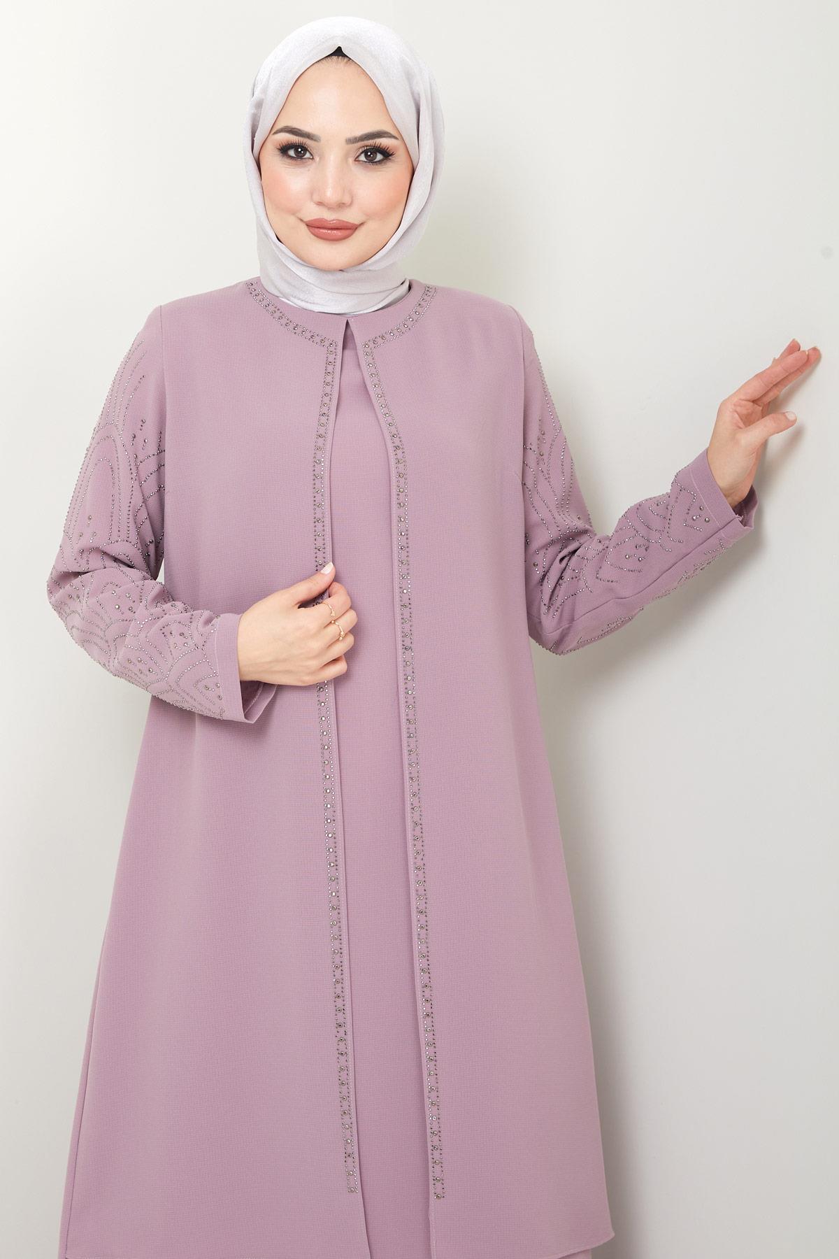 Kolları Taşlı Büyük Beden Anne Elbisesi Pembe HM2349