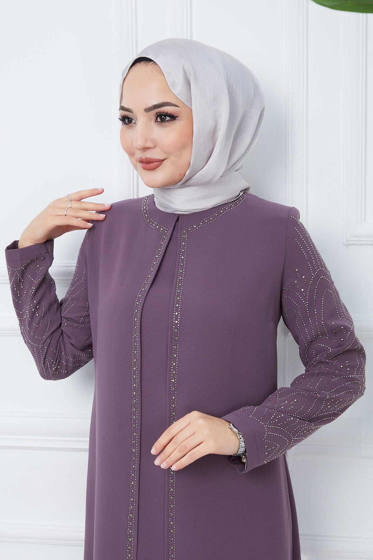 Kolları Taşlı Büyük Beden Anne Elbisesi Mürdüm HM2349