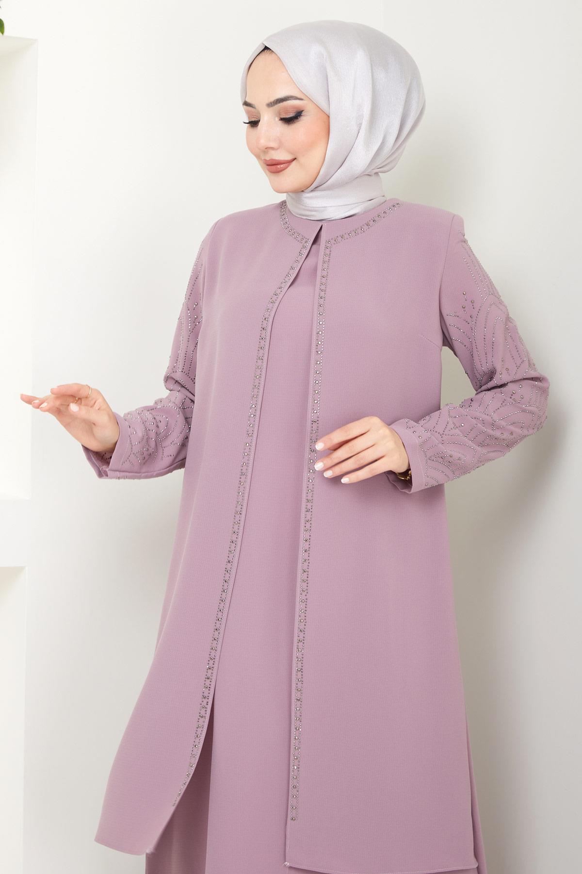 Kolları Taşlı Büyük Beden Anne Elbisesi Pembe HM2349