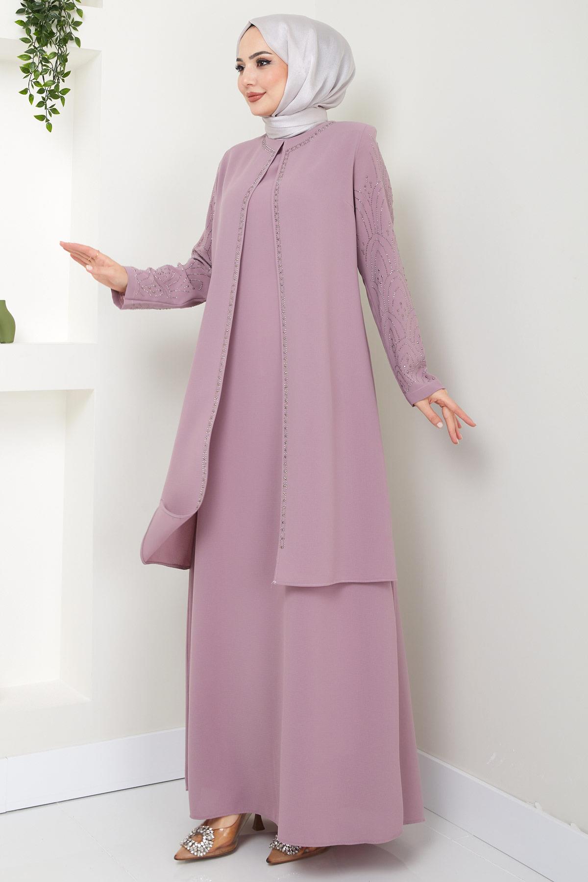 Kolları Taşlı Büyük Beden Anne Elbisesi Pembe HM2349