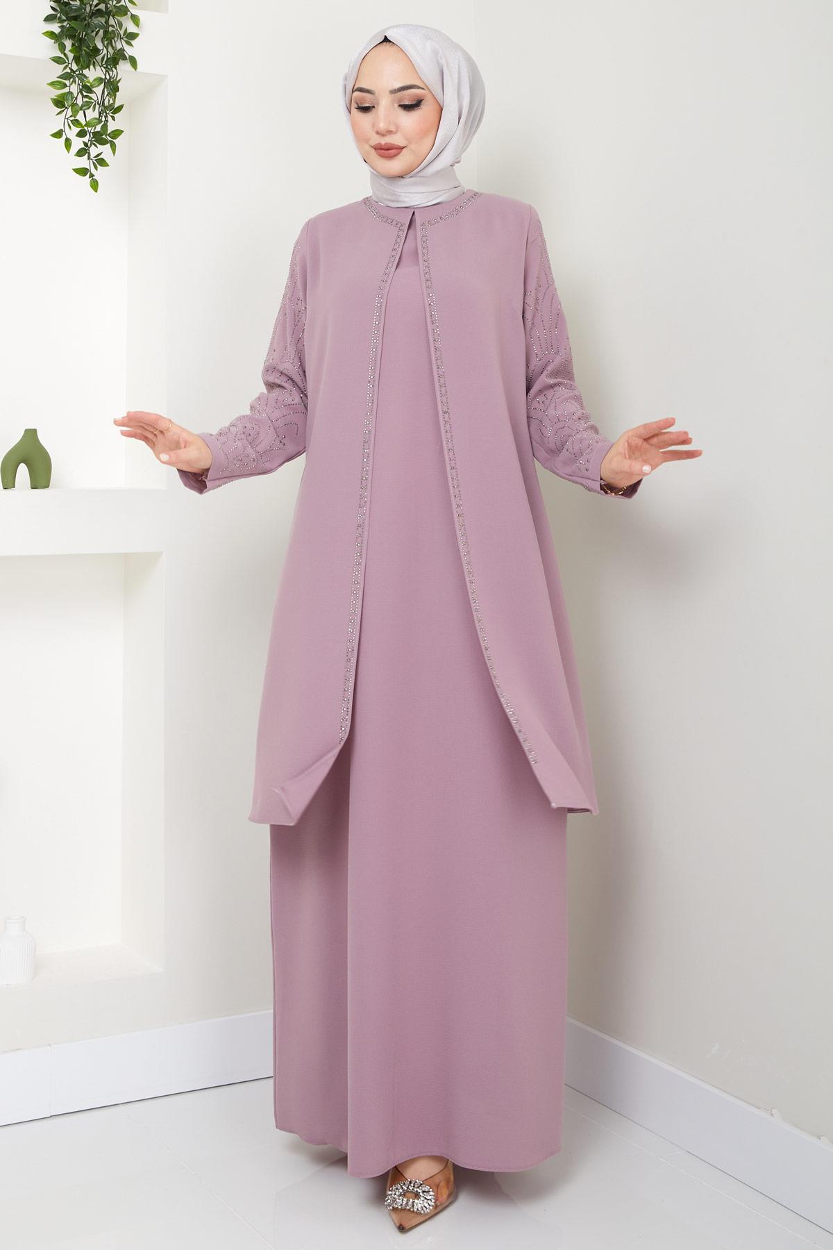 Kolları Taşlı Büyük Beden Anne Elbisesi Pembe HM2349