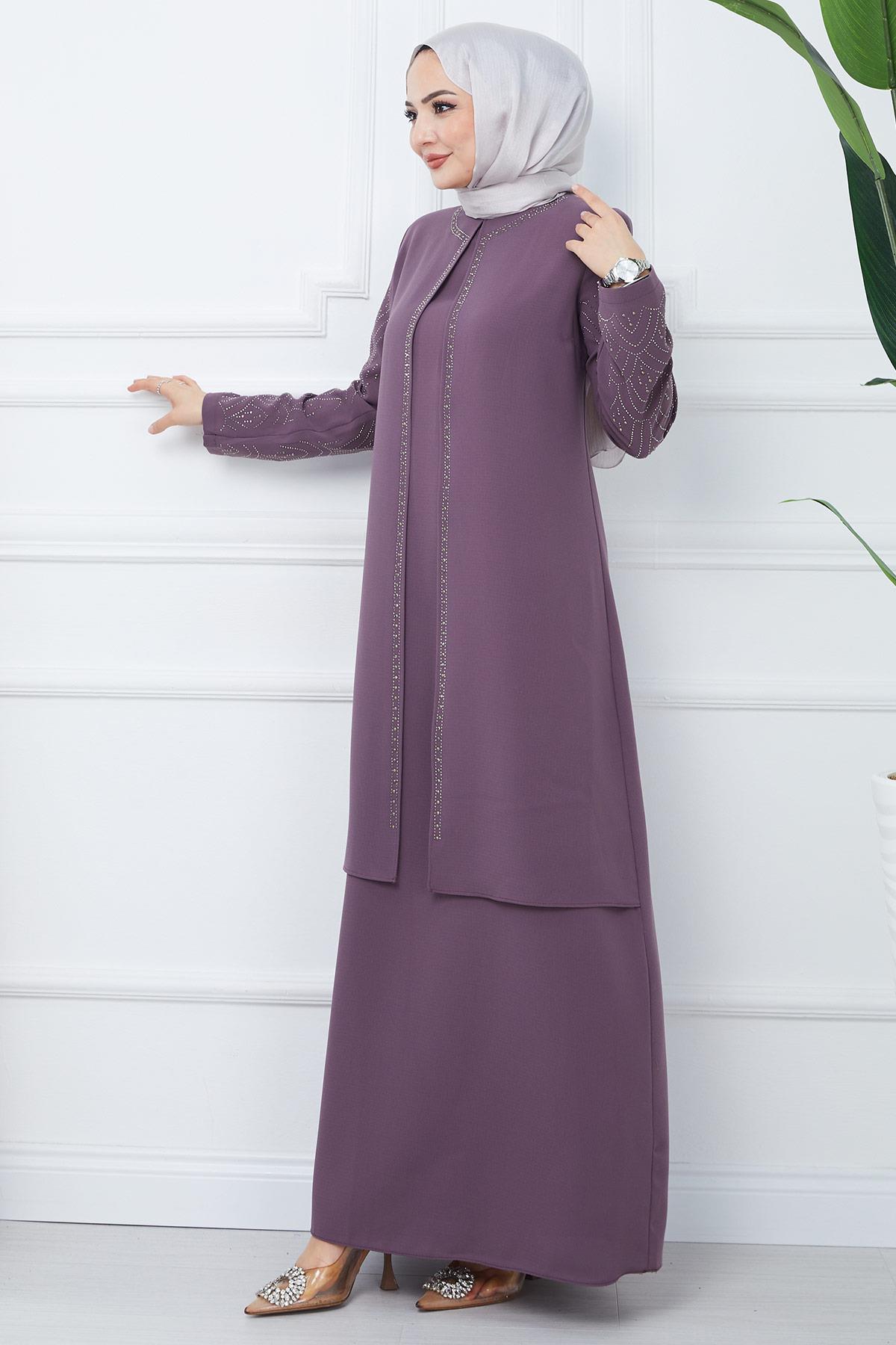 Kolları Taşlı Büyük Beden Anne Elbisesi Mürdüm HM2349