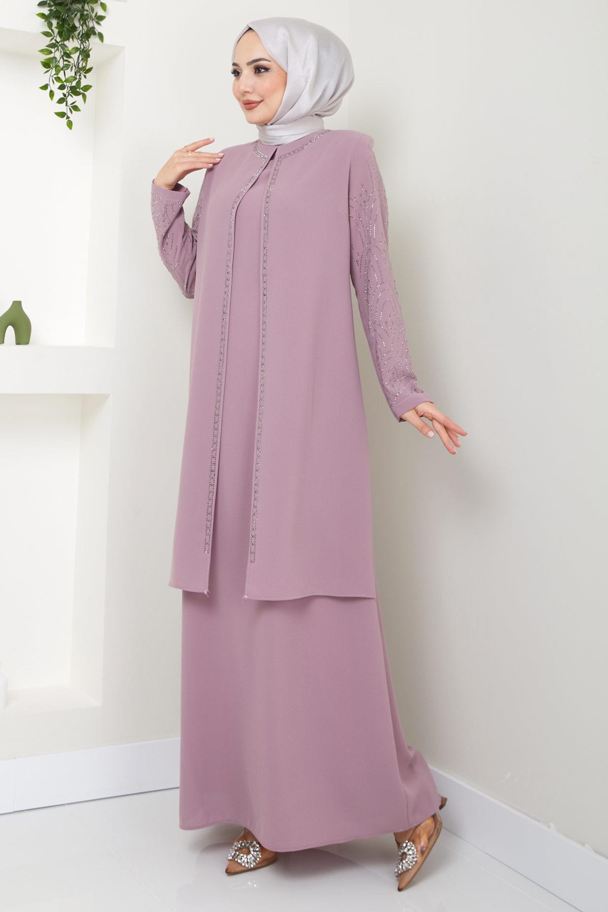 Kolları Taşlı Büyük Beden Anne Elbisesi Pembe HM2349