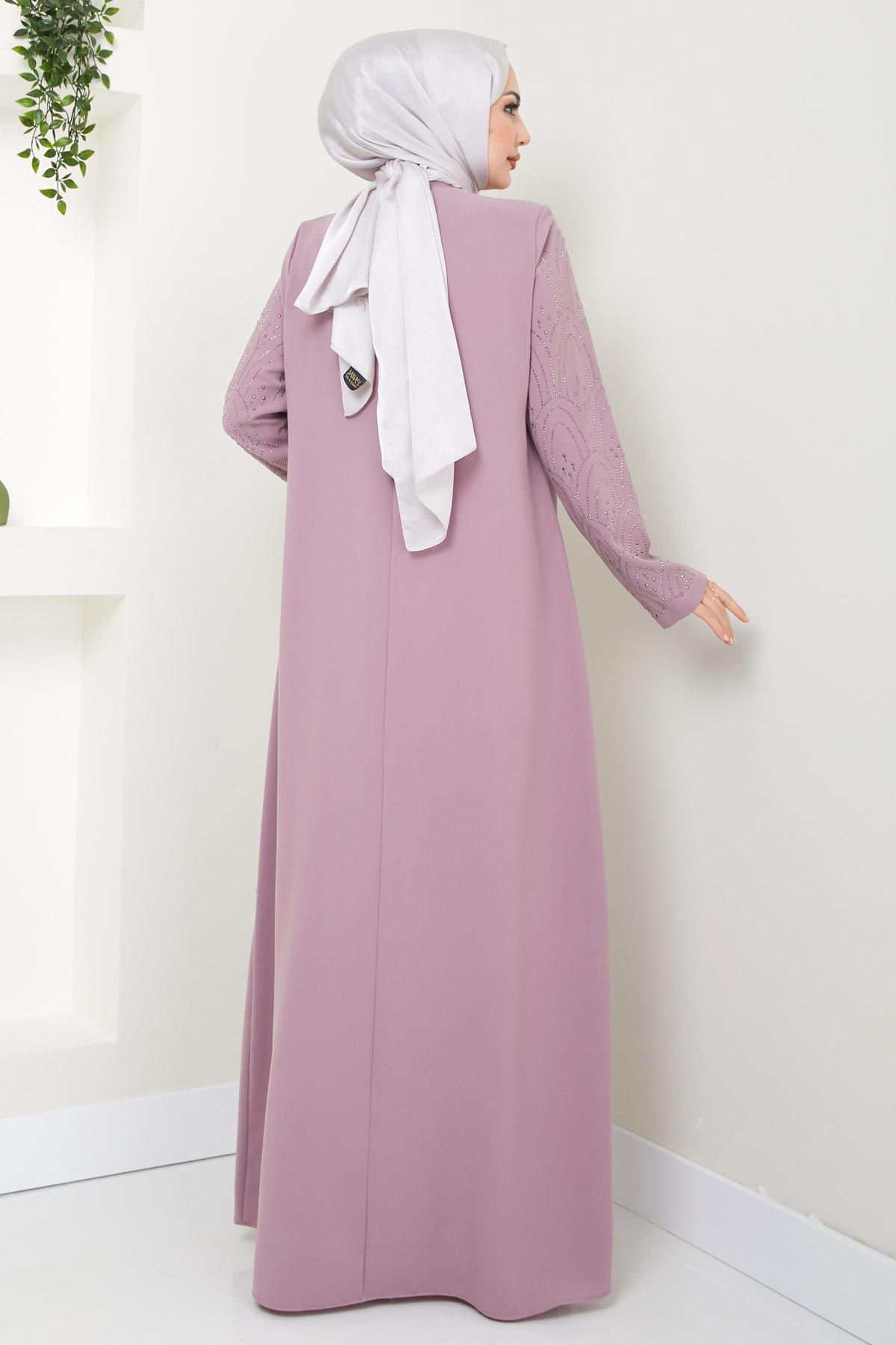 Kolları Taşlı Büyük Beden Anne Elbisesi Pembe HM2349