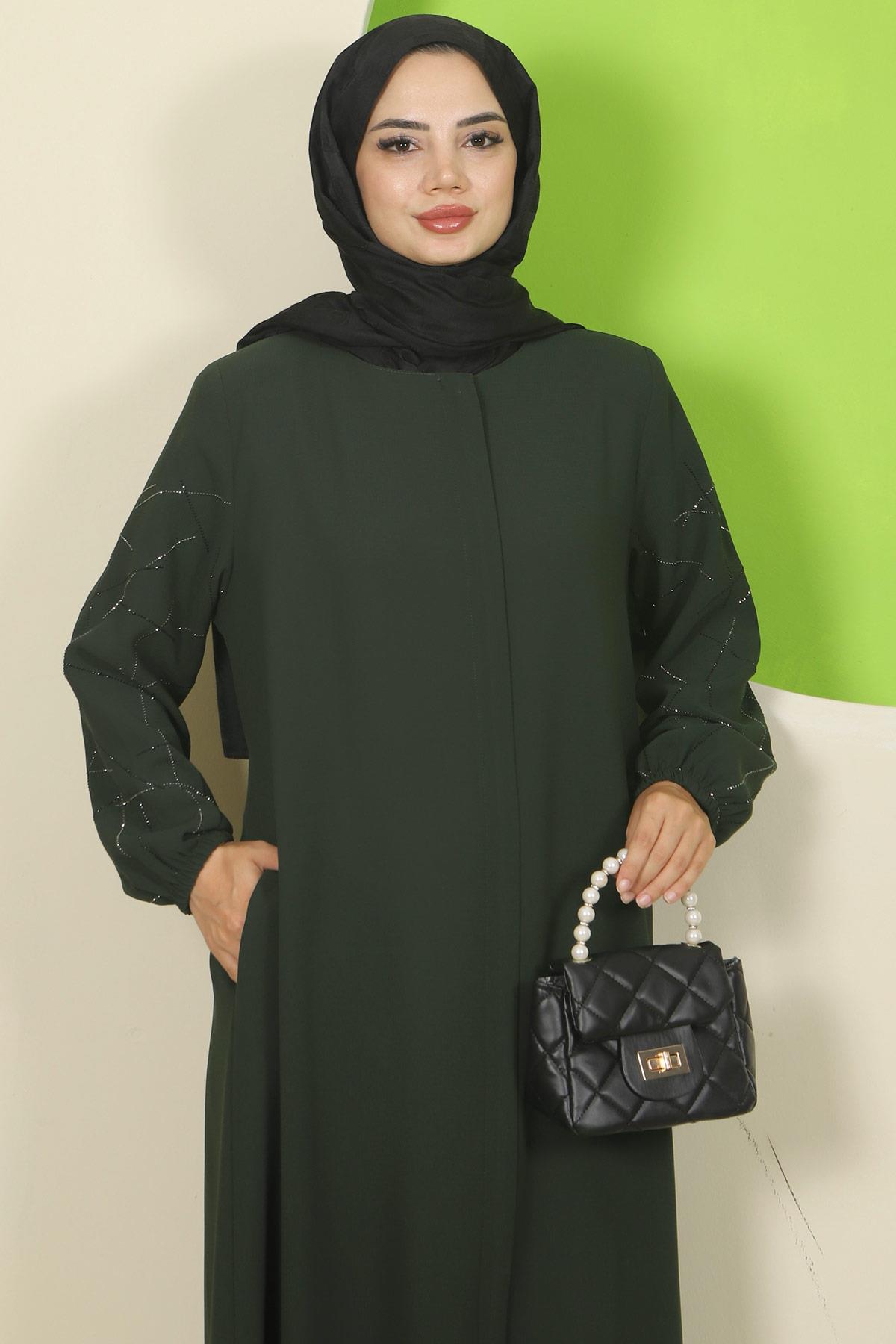 Kolları Taşlı Büyük Beden Ferace Haki HM2801