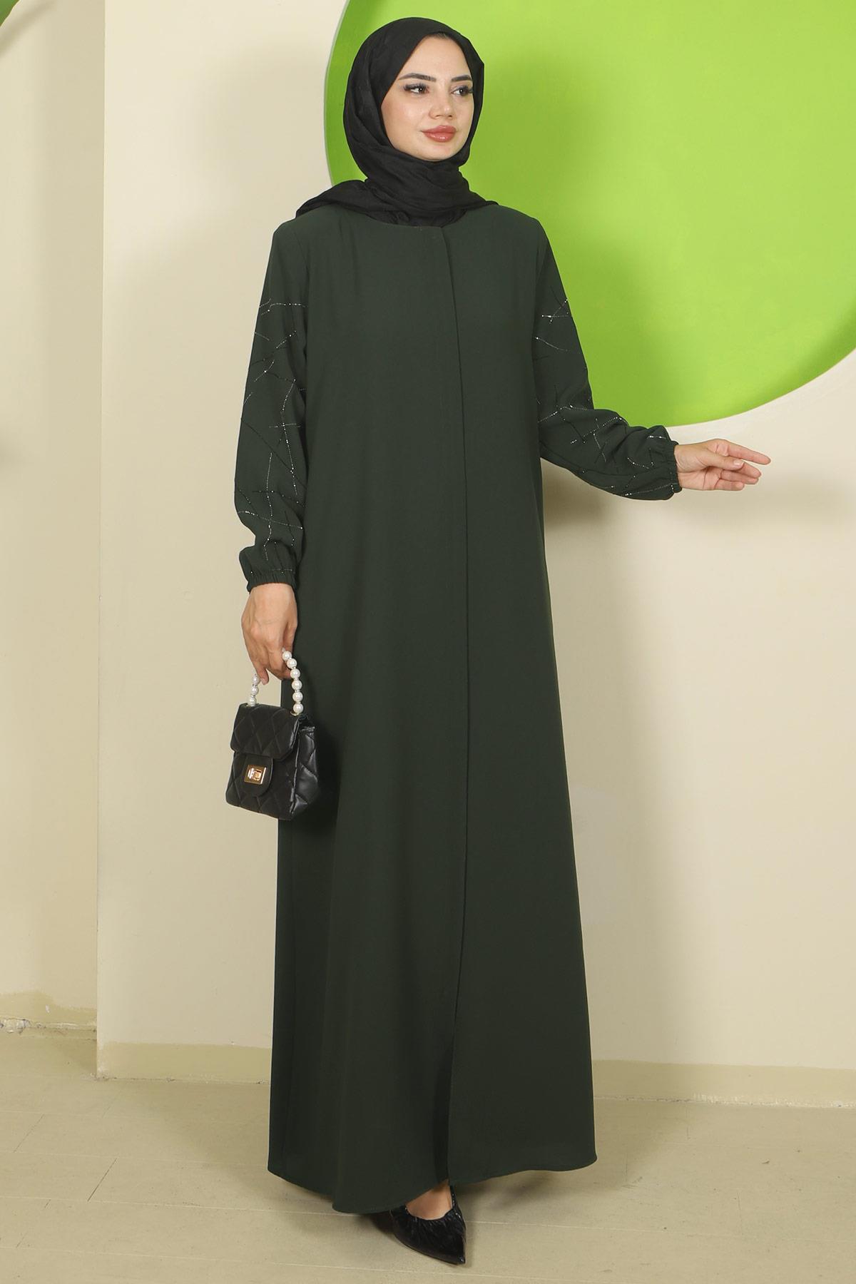 Kolları Taşlı Büyük Beden Ferace Haki HM2801