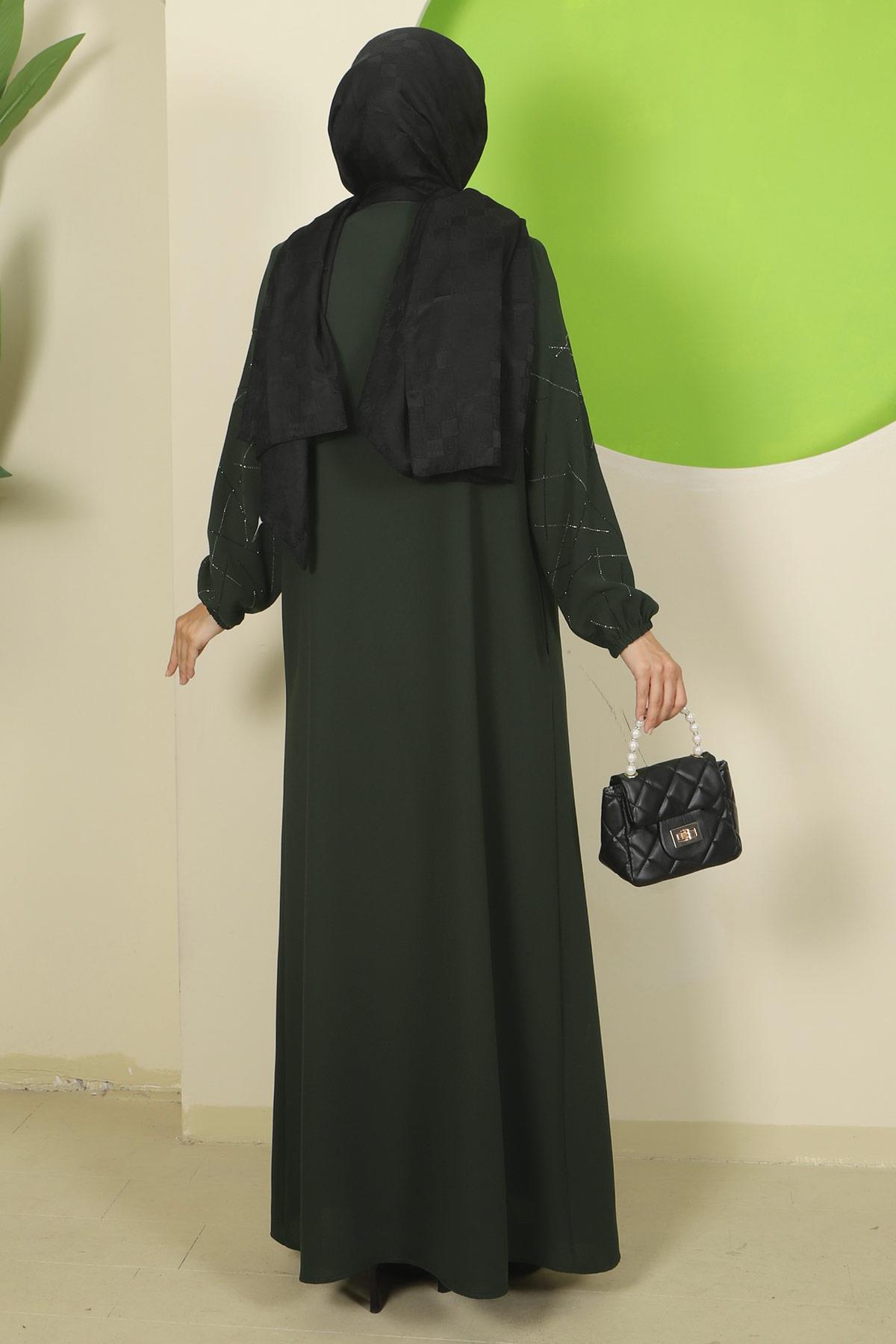 Kolları Taşlı Büyük Beden Ferace Haki HM2801