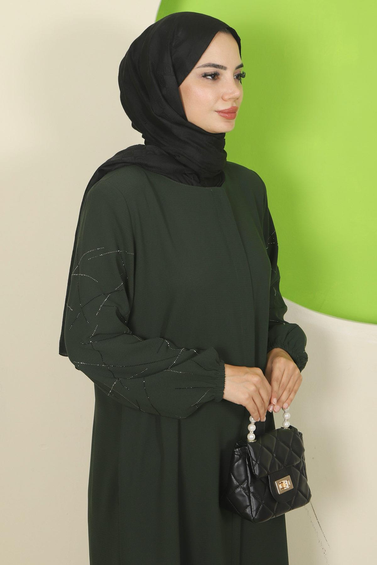 Kolları Taşlı Büyük Beden Ferace Haki HM2801