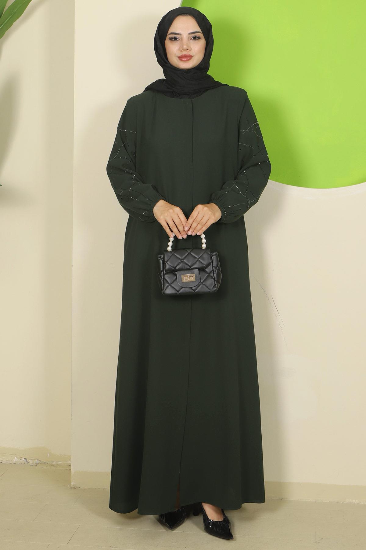 Kolları Taşlı Büyük Beden Ferace Haki HM2801