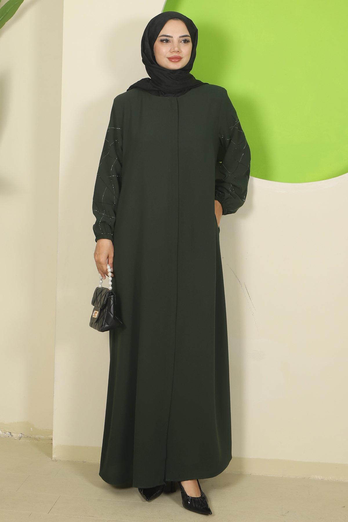 Kolları Taşlı Büyük Beden Ferace Haki HM2801