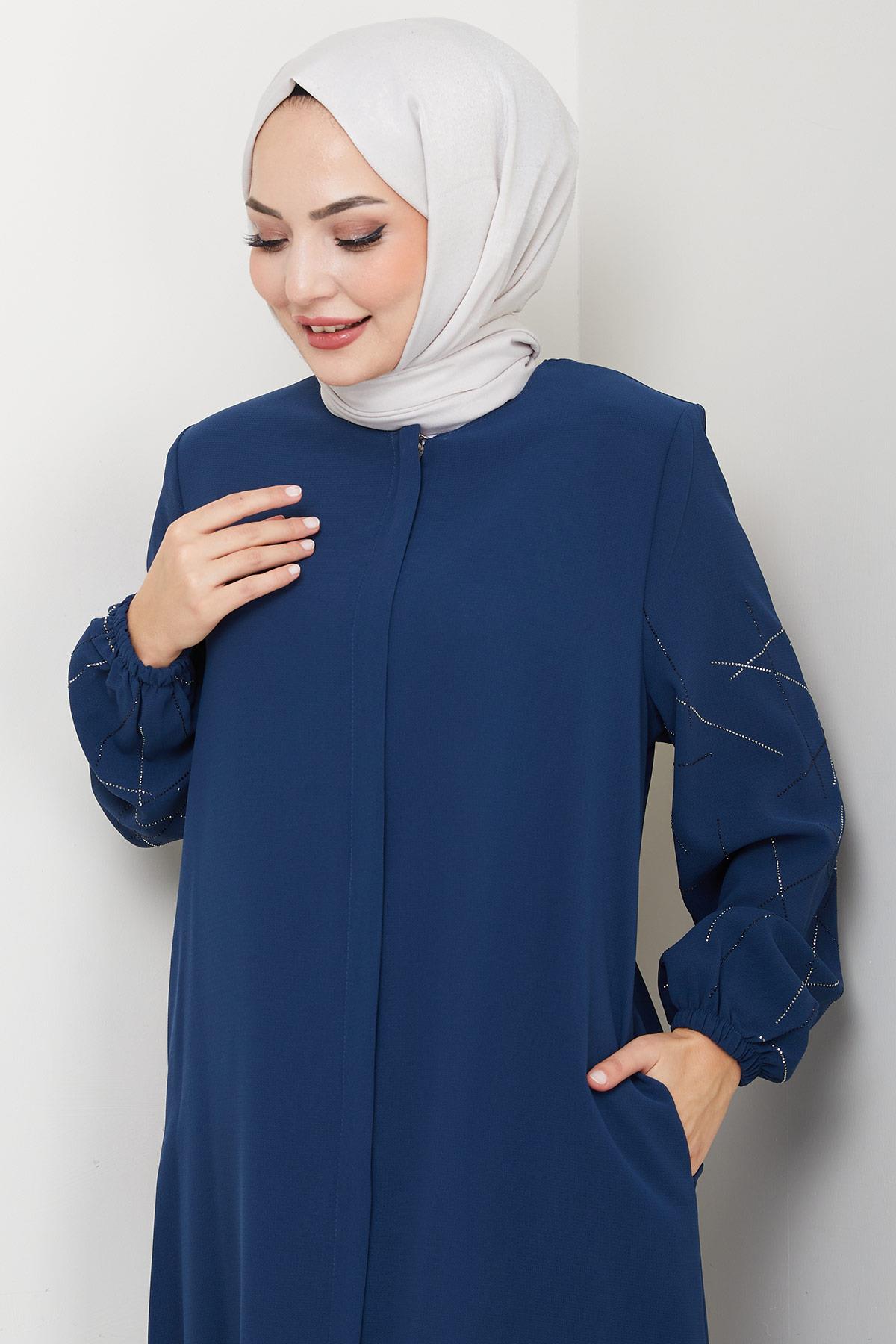 Kolları Taşlı Büyük Beden Ferace İndigo HM2801