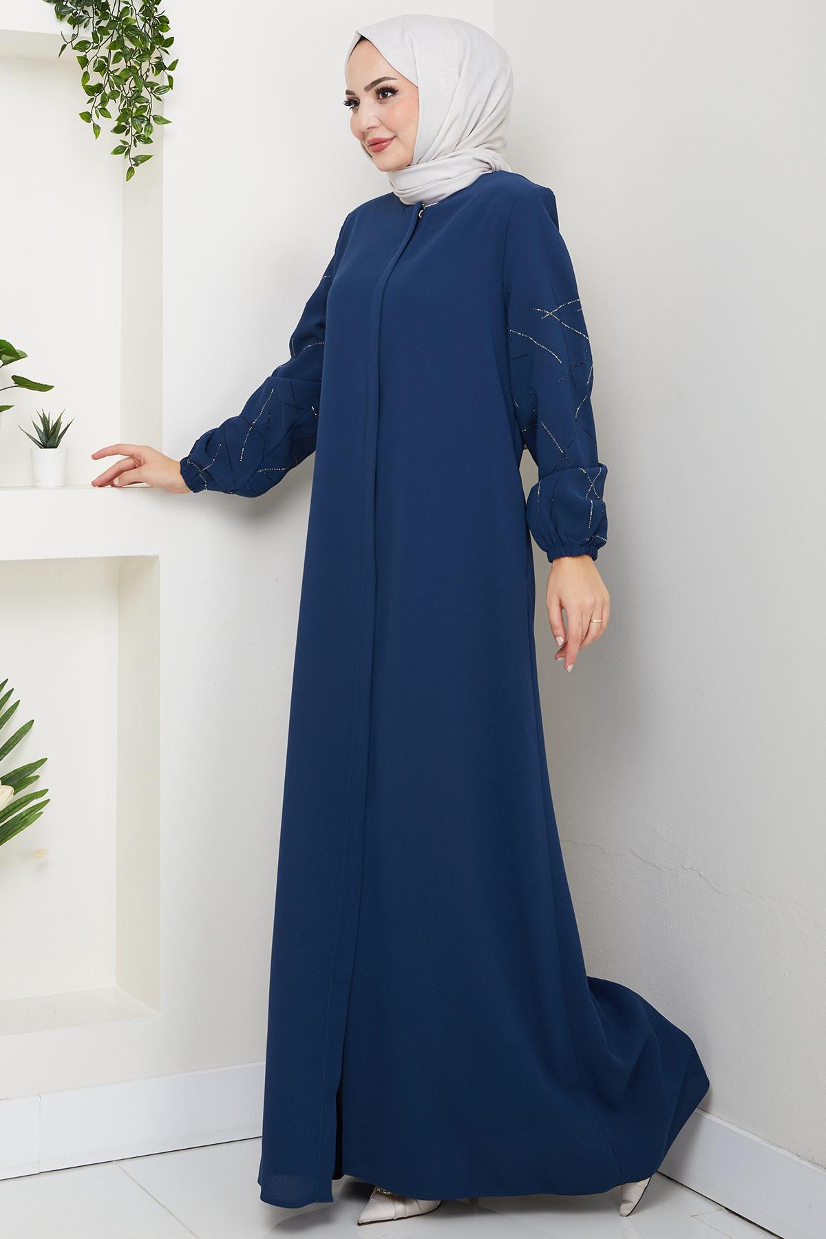 Kolları Taşlı Büyük Beden Ferace İndigo HM2801