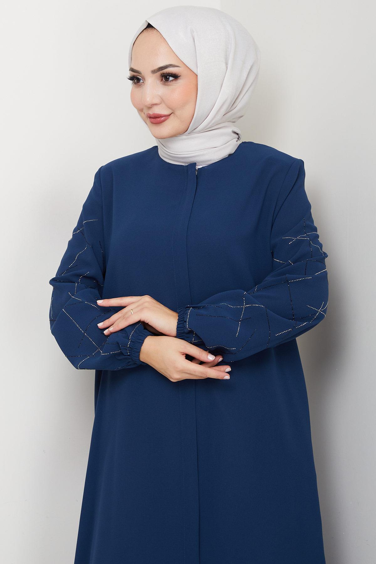 Kolları Taşlı Büyük Beden Ferace İndigo HM2801