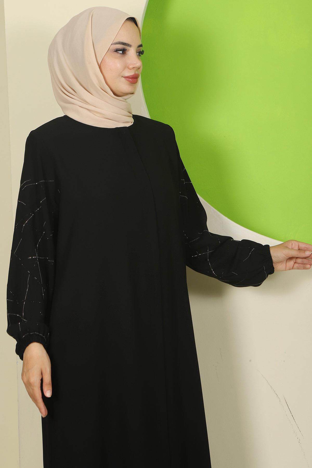 Kolları Taşlı Büyük Beden Ferace Siyah HM2801