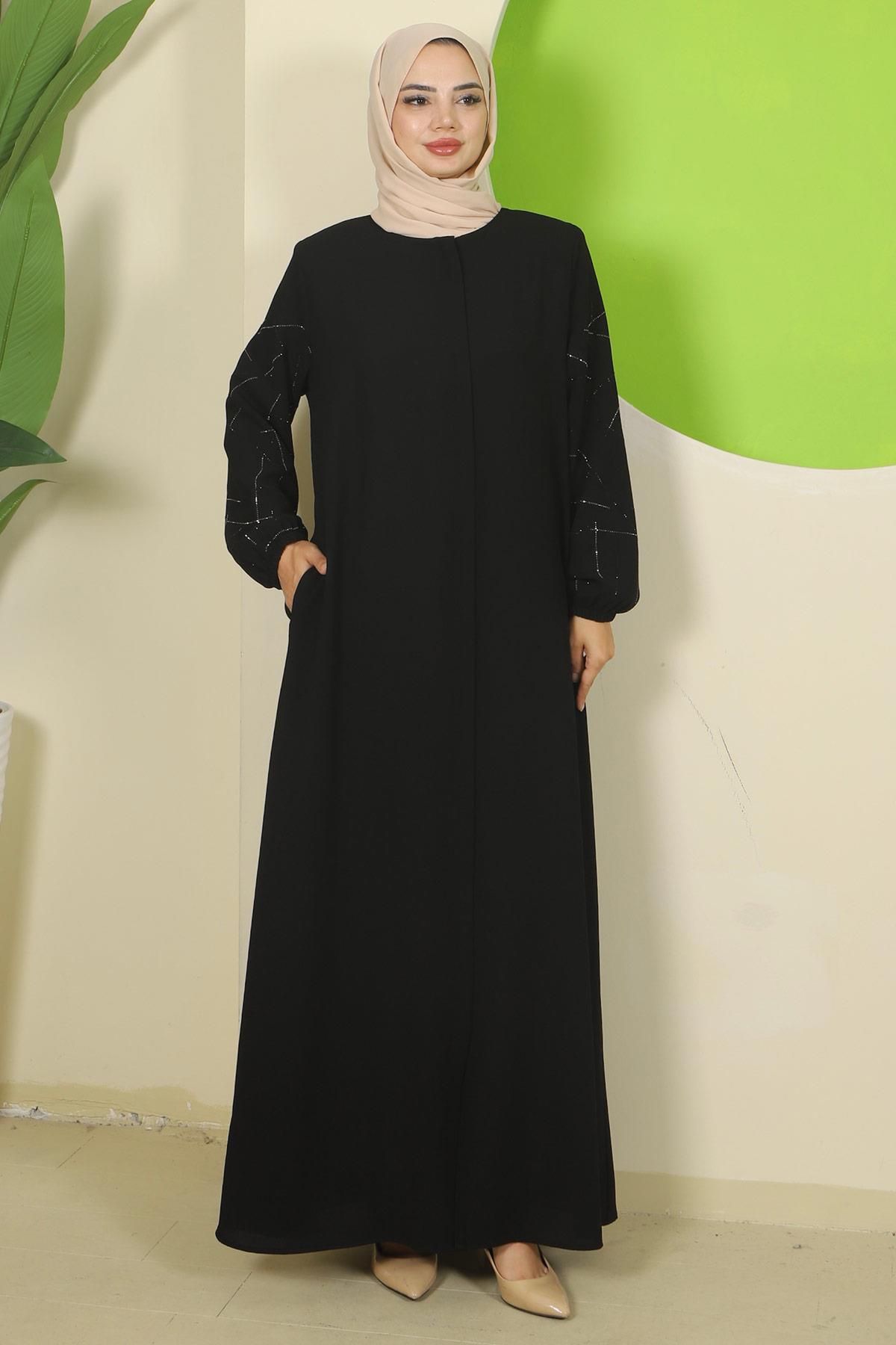 Kolları Taşlı Büyük Beden Ferace Siyah HM2801