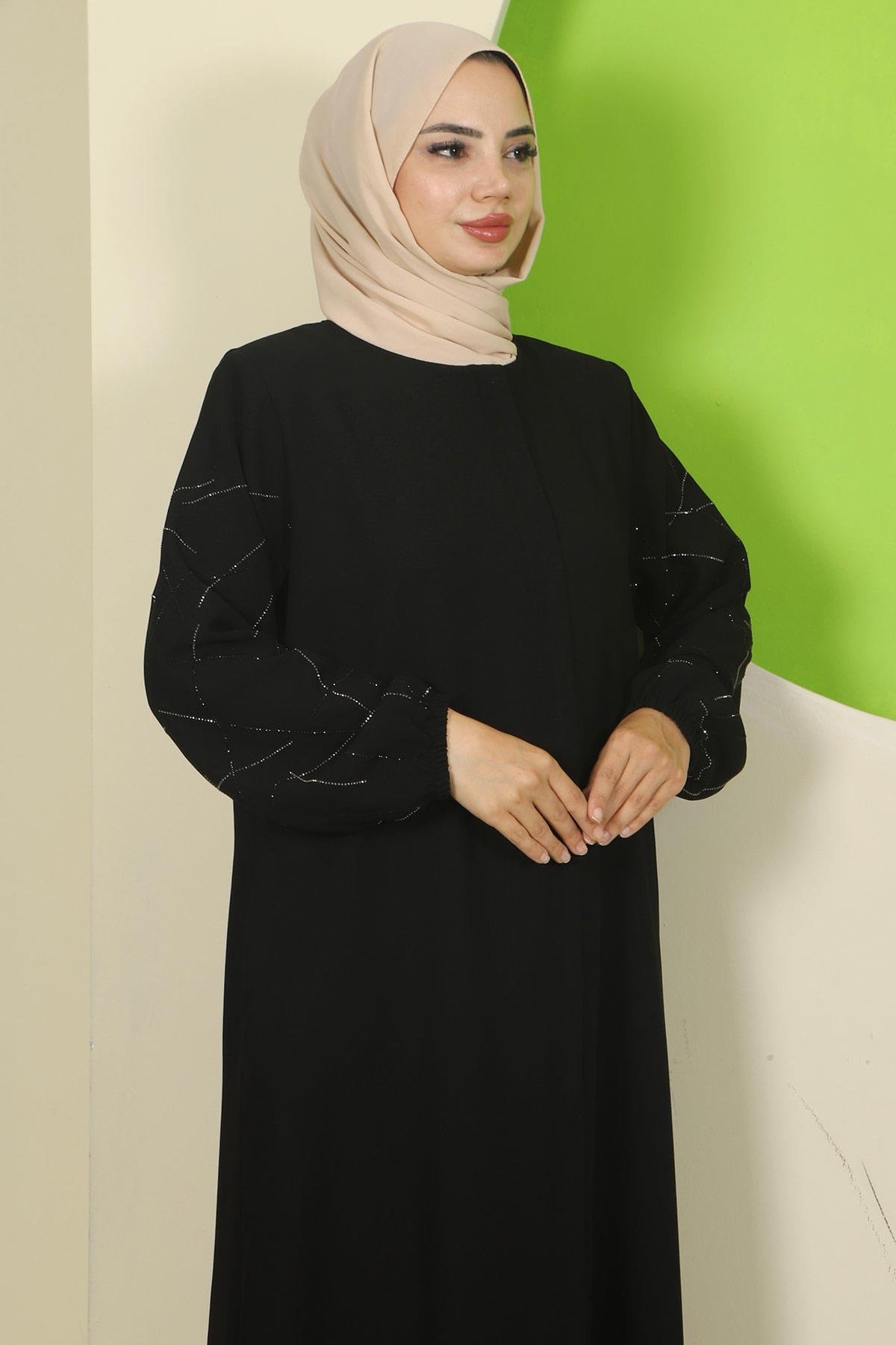 Kolları Taşlı Büyük Beden Ferace Siyah HM2801