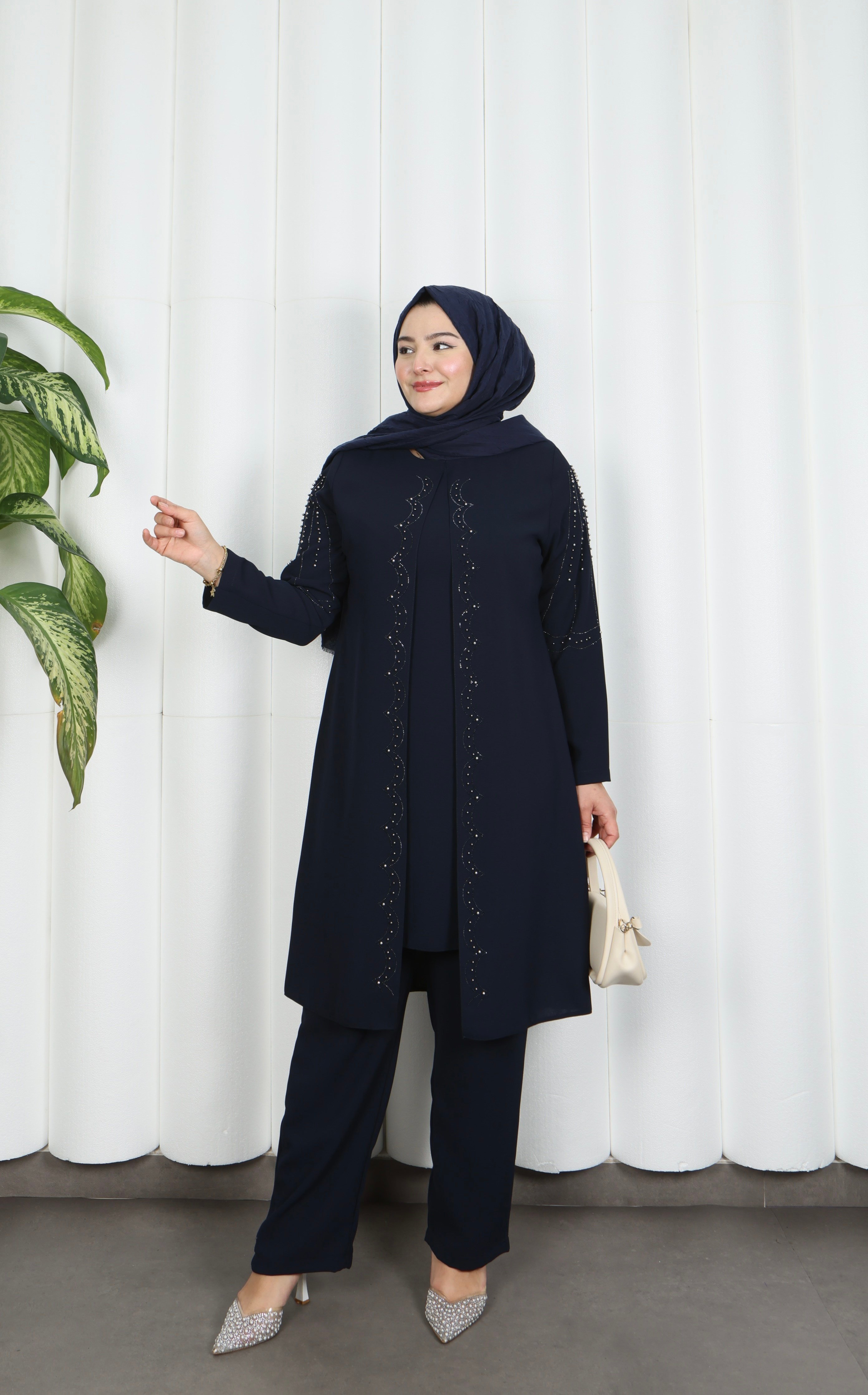 Kolları Taşlı Büyük Beden İkili Takım  Anne Takımı Lacivert HNT7097